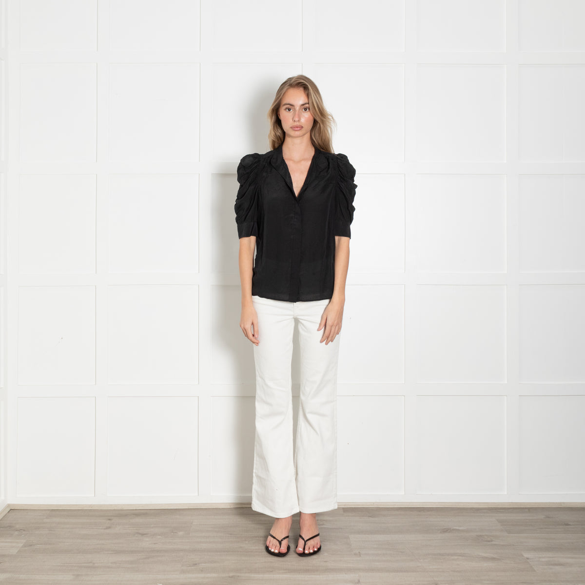 Frame Black Silk Gathered Shoulder Blouse