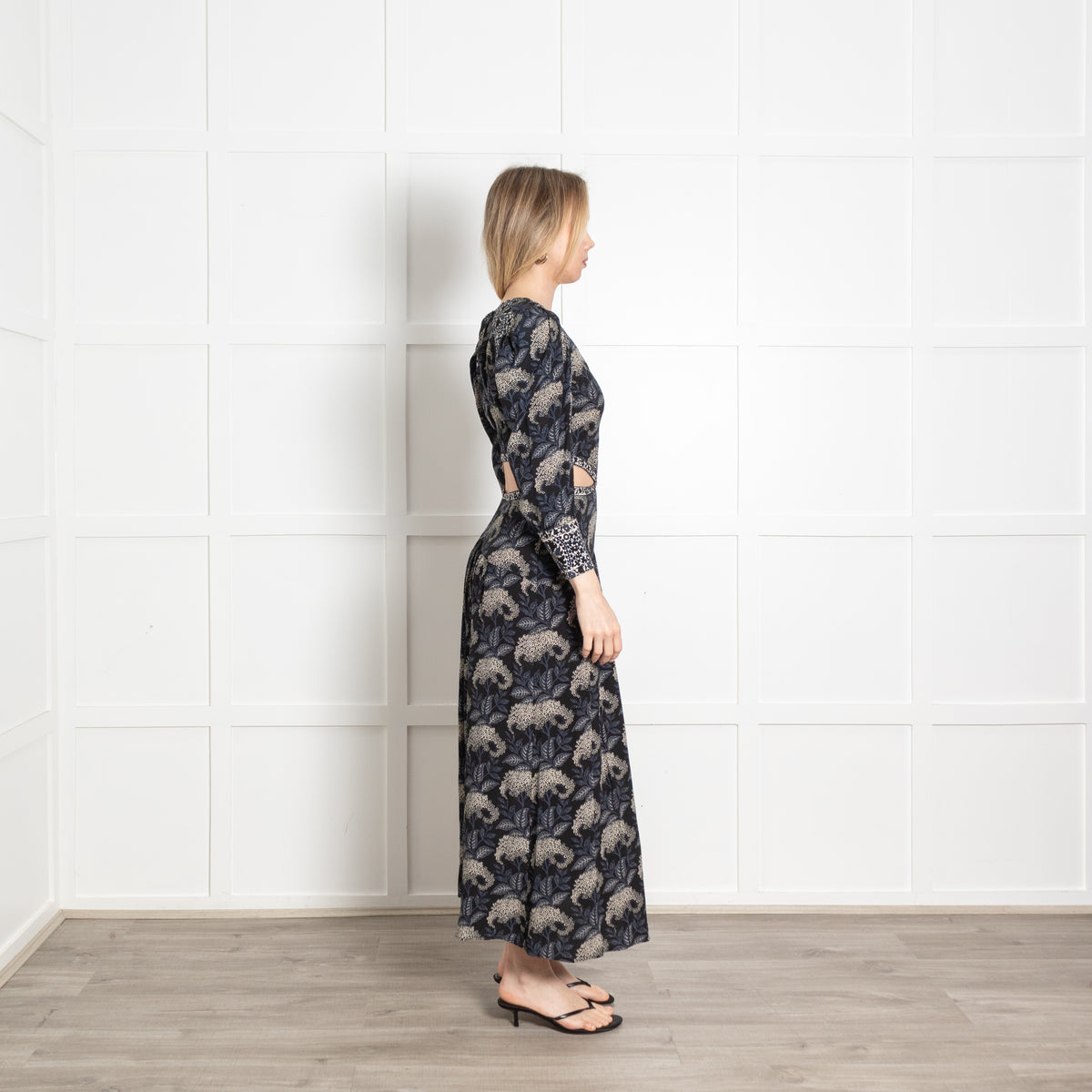 Ba&Sh Black Blue Floral Cut Out Waist Maxi Dress