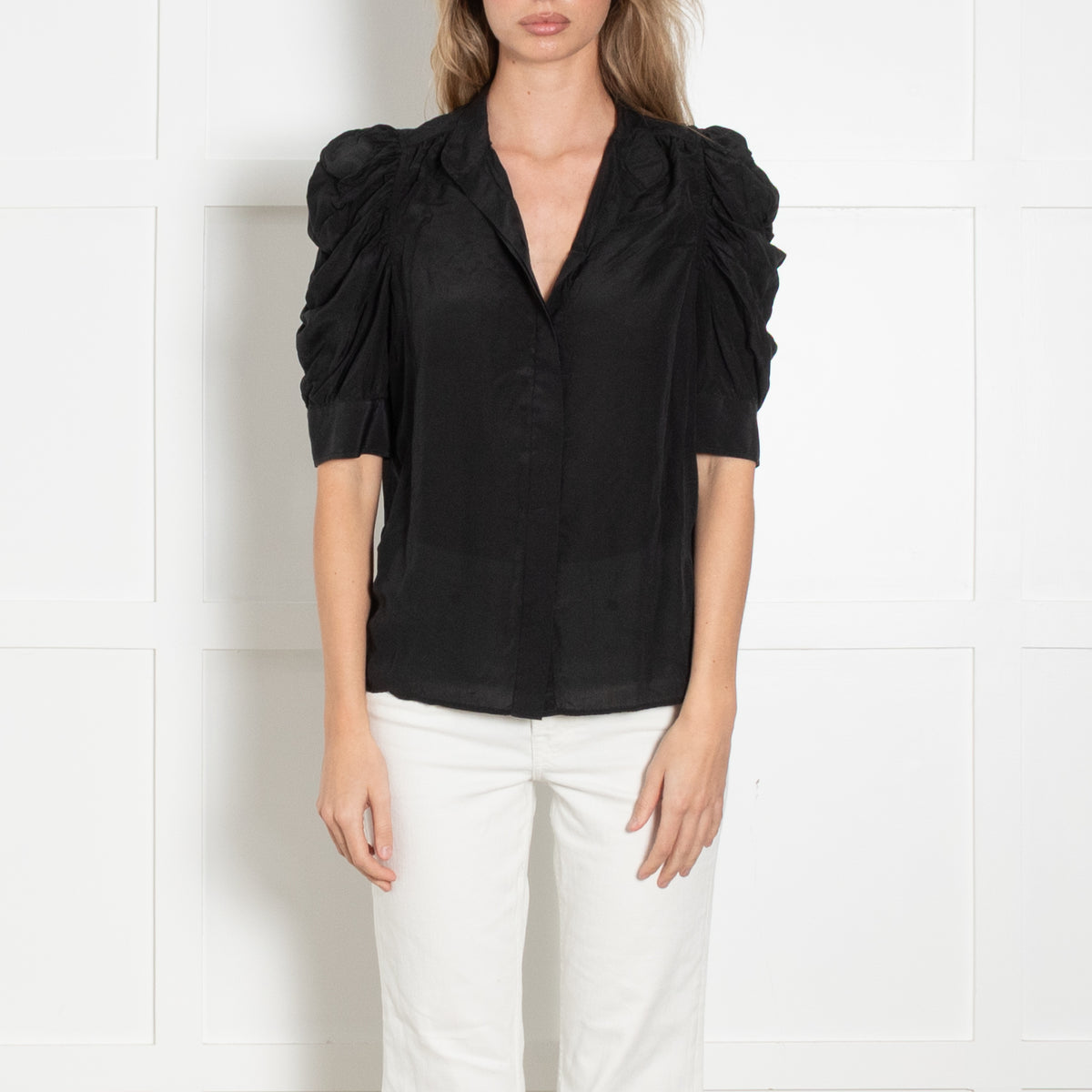 Frame Black Silk Gathered Shoulder Blouse