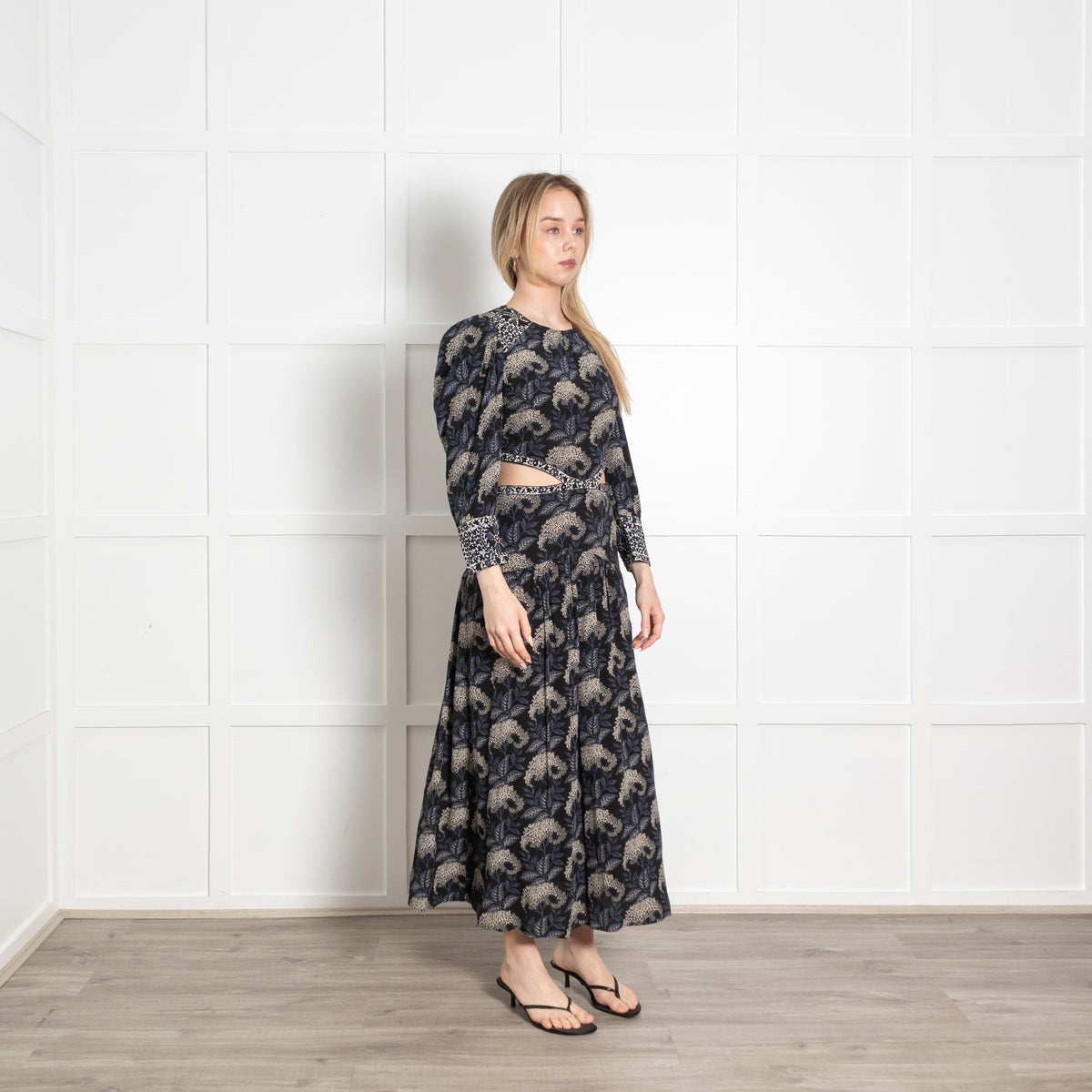 Ba&Sh Black Blue Floral Cut Out Waist Maxi Dress