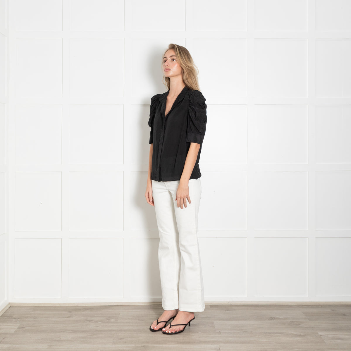Frame Black Silk Gathered Shoulder Blouse