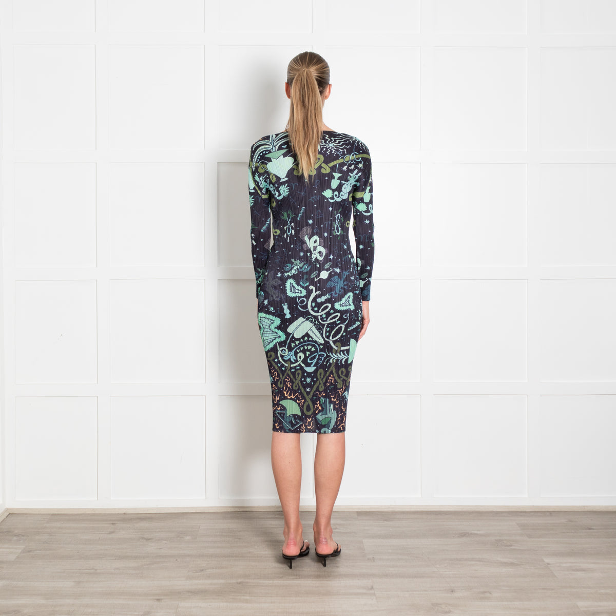 Pleats Please Navy Green Astrological Print Long Sleeve Dress