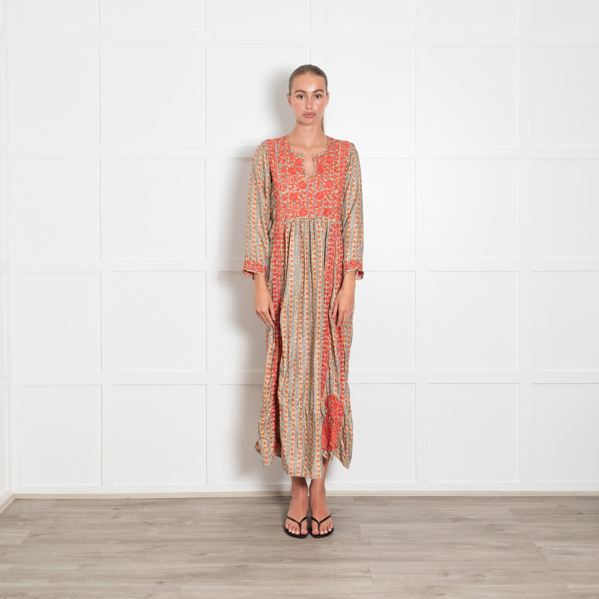 Muzungu Sisters Orange Blue Floral Silk Embroidery Detail Sleeved Maxi Dress