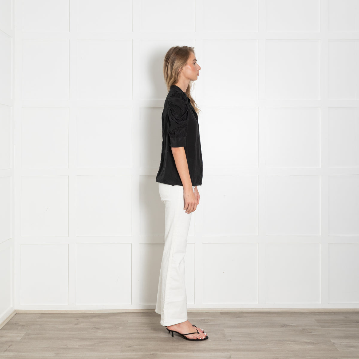 Frame Black Silk Gathered Shoulder Blouse