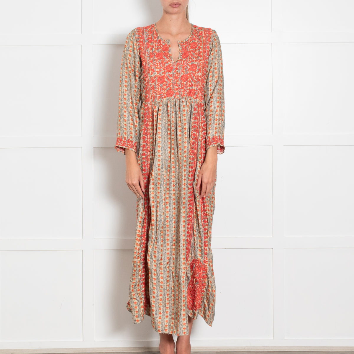 Muzungu Sisters Orange Blue Floral Silk Embroidery Detail Sleeved Maxi Dress