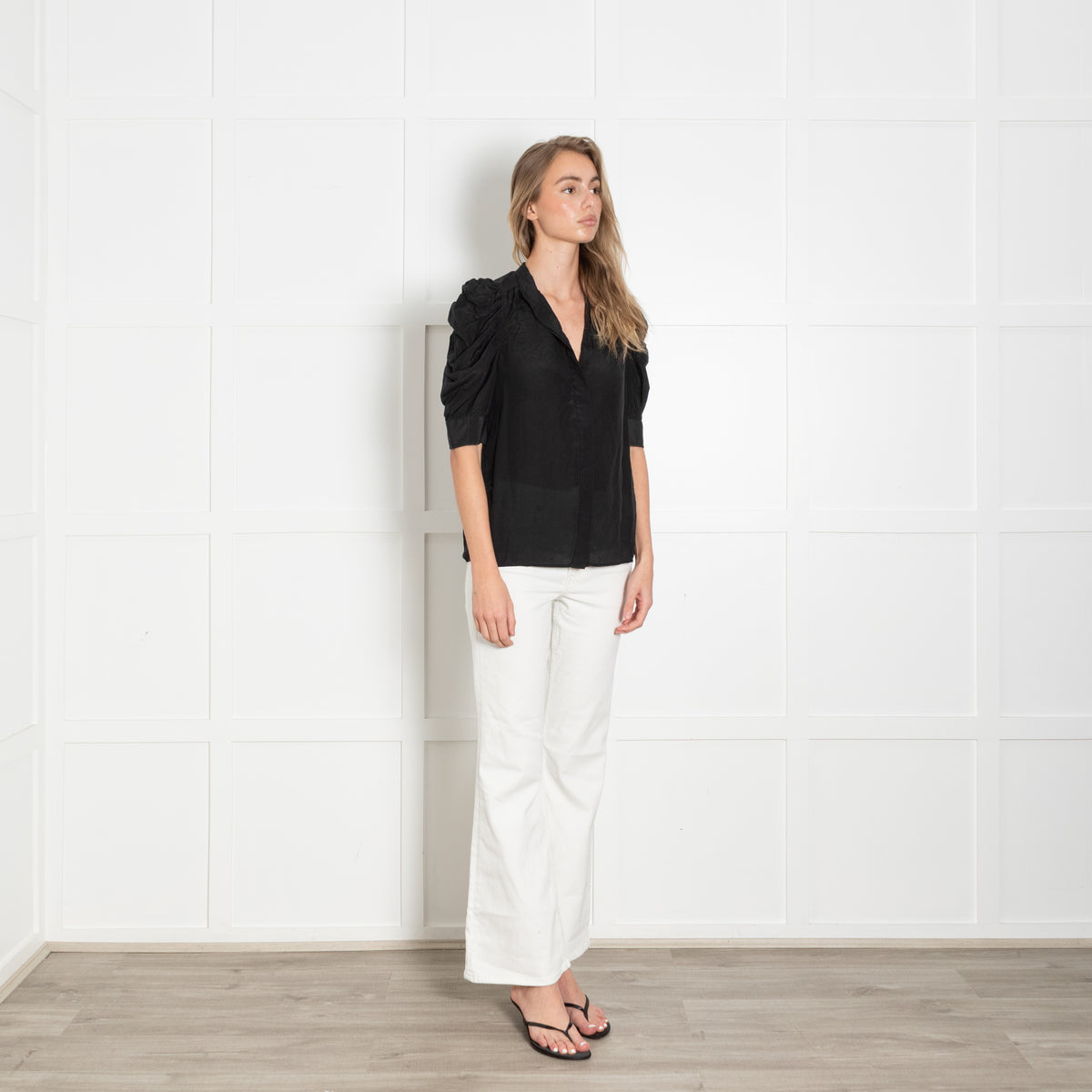Frame Black Silk Gathered Shoulder Blouse