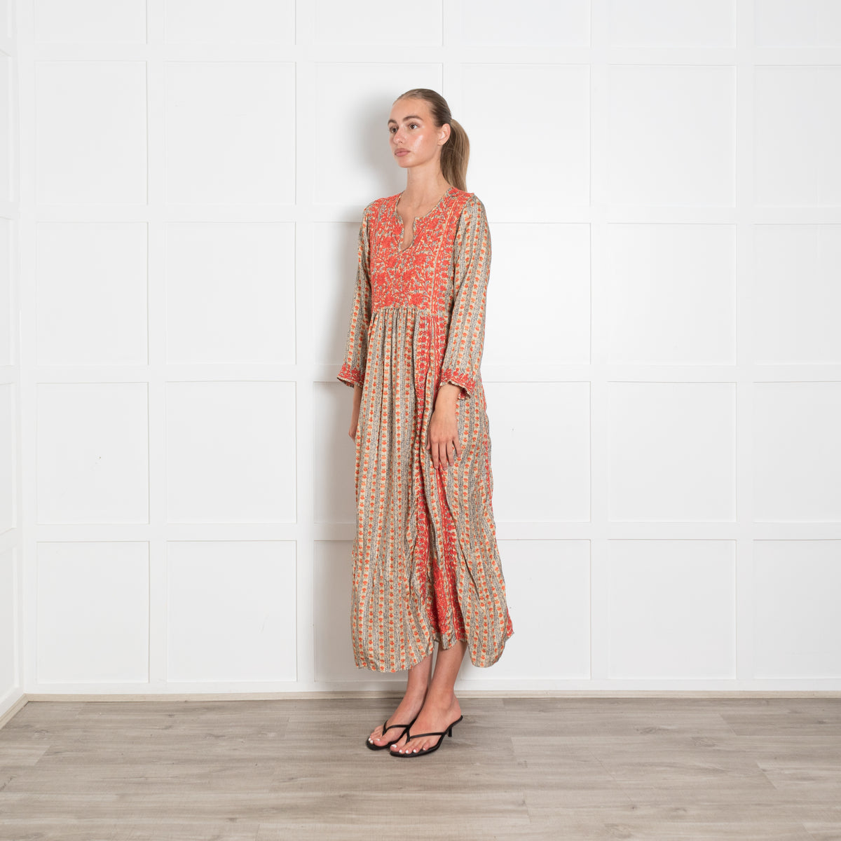 Muzungu Sisters Orange Blue Floral Silk Embroidery Detail Sleeved Maxi Dress