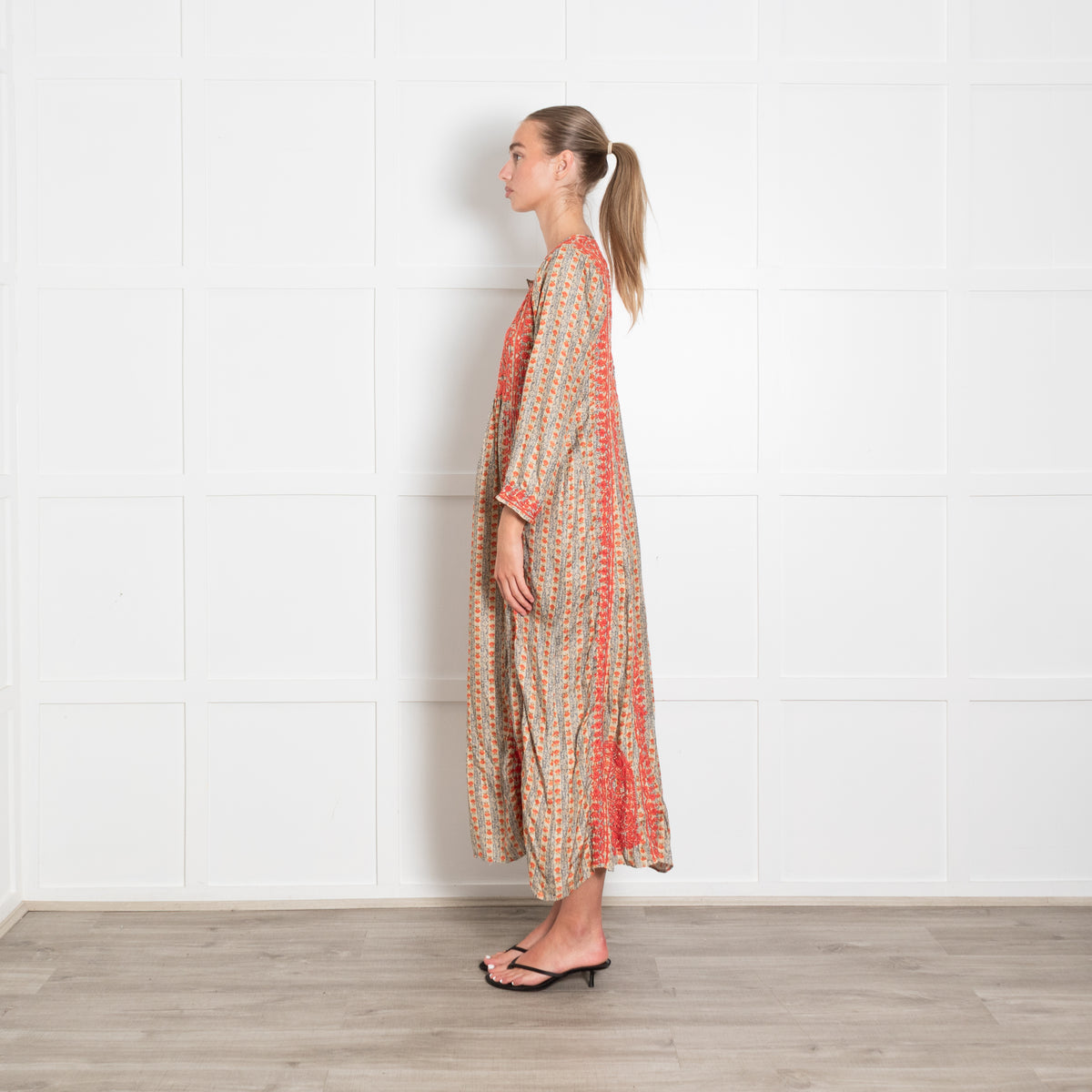 Muzungu Sisters Orange Blue Floral Silk Embroidery Detail Sleeved Maxi Dress