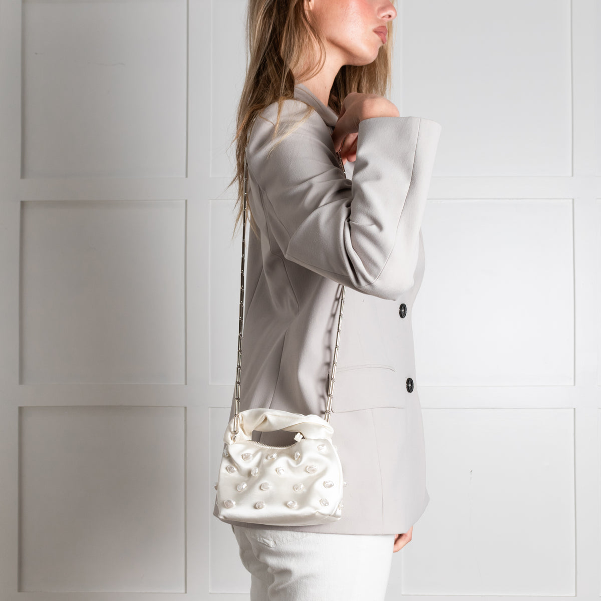 Stine Goya Cream Satin Pearl Embellished Mini Bag