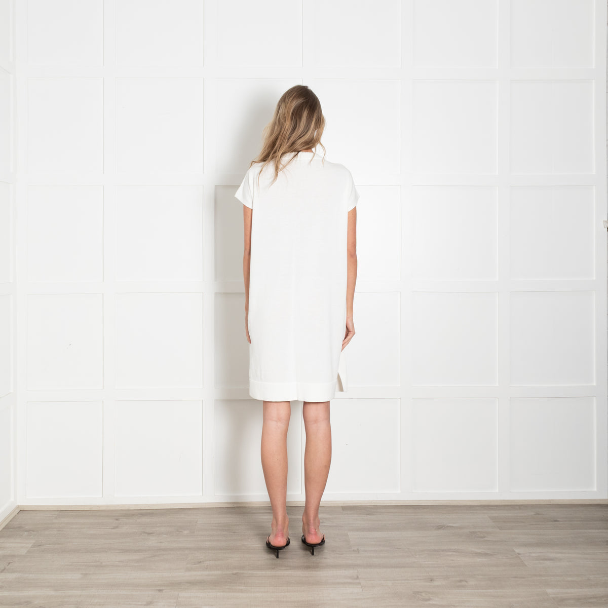 Amina Rubinacci Cream V Neck Stretch Knit Dress with Sequin Detail