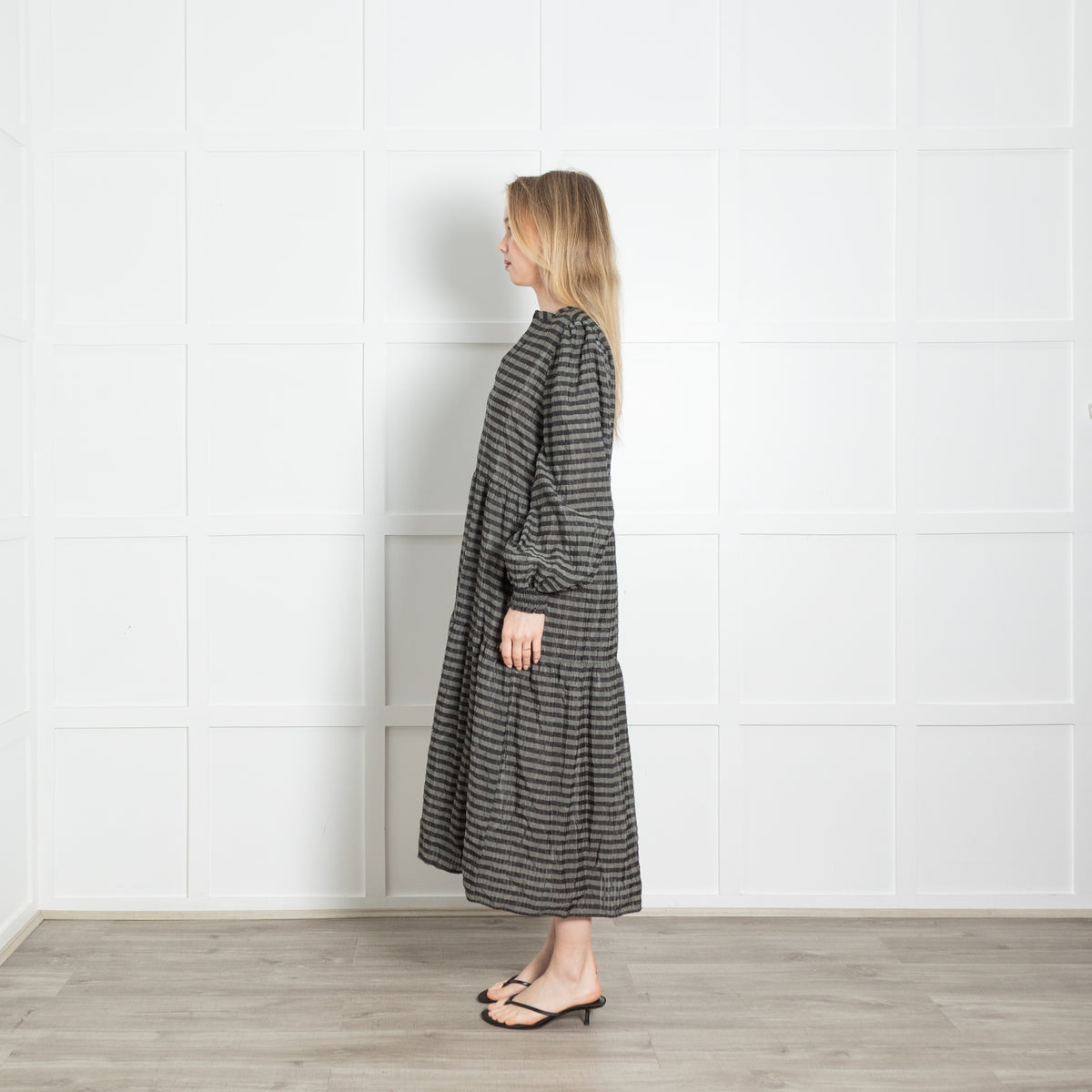 Levate Room Grey Black Striped Tiered Long Dress With Slip