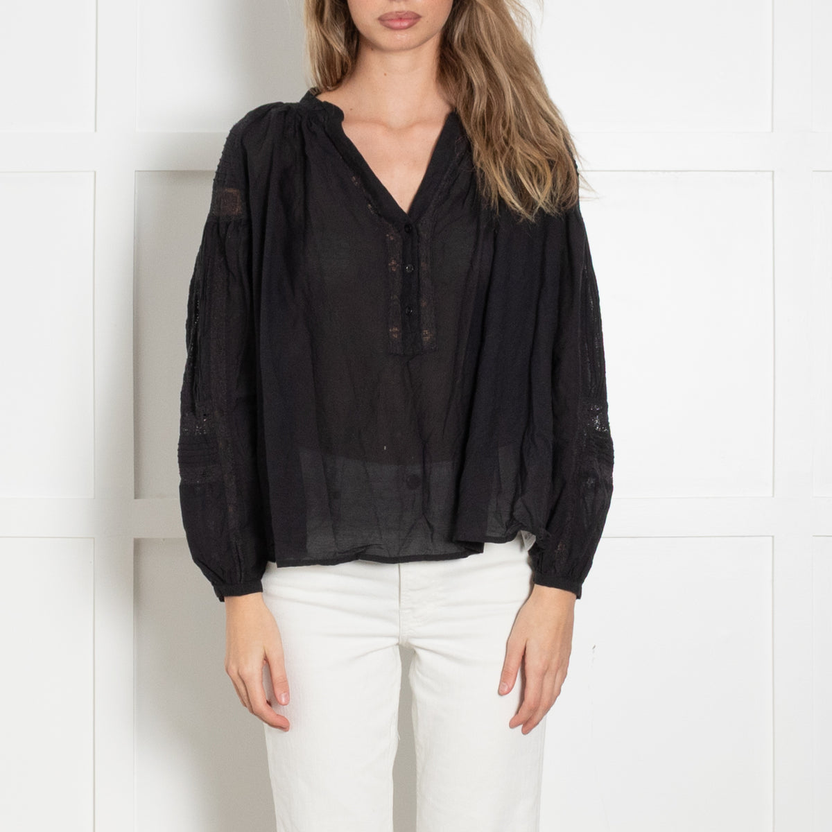 Vanessa Bruno Black Cotton Lace Insert Blouse
