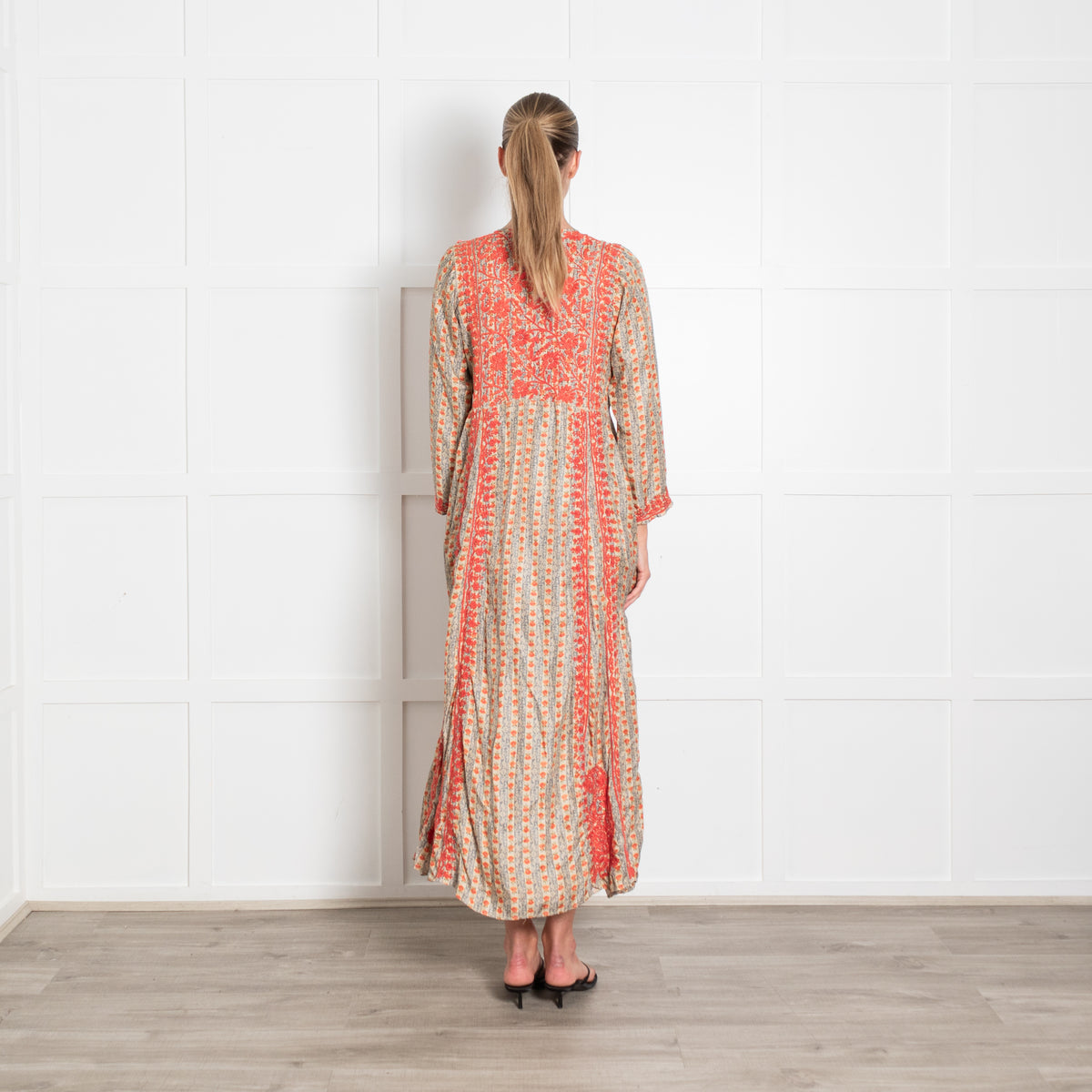 Muzungu Sisters Orange Blue Floral Silk Embroidery Detail Sleeved Maxi Dress