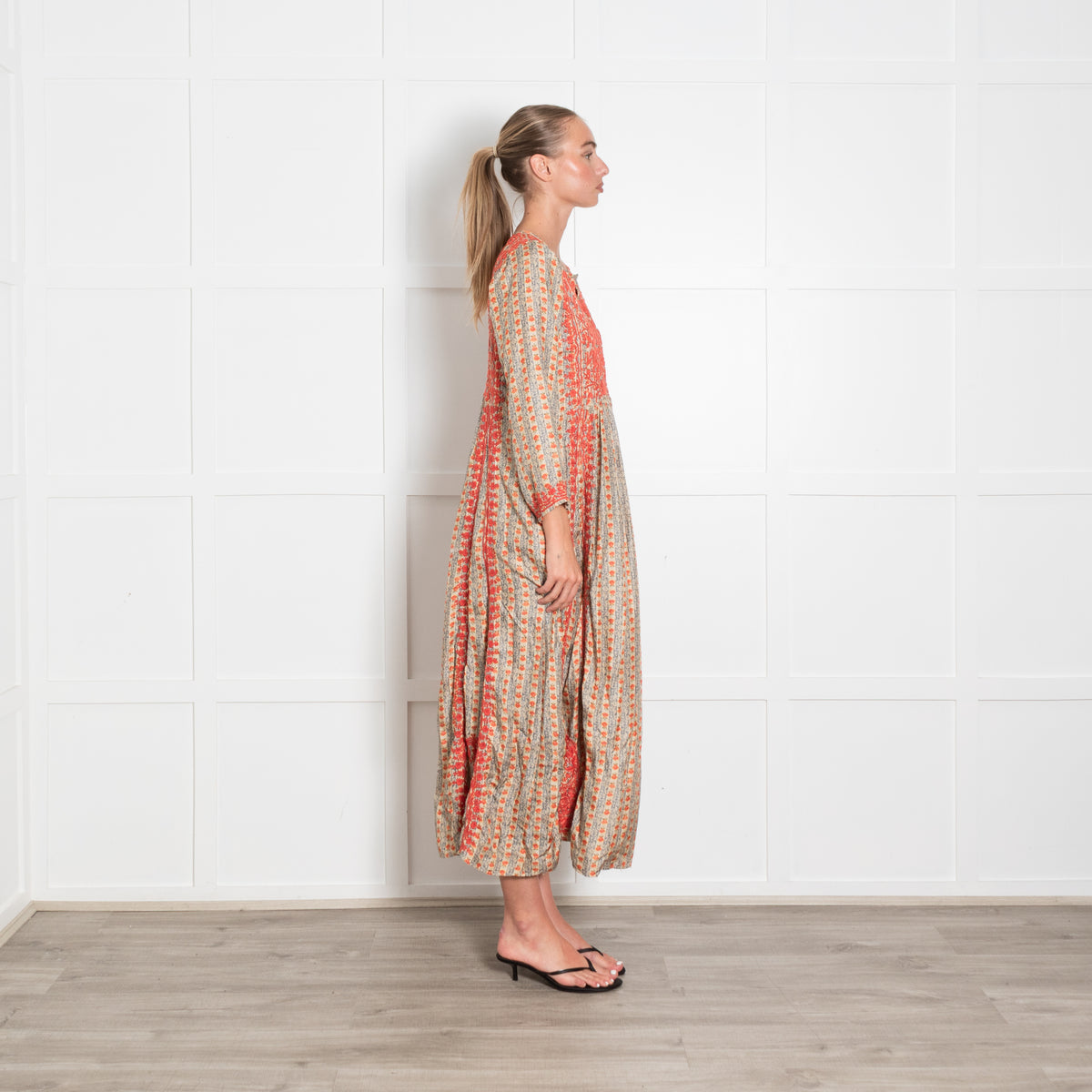 Muzungu Sisters Orange Blue Floral Silk Embroidery Detail Sleeved Maxi Dress