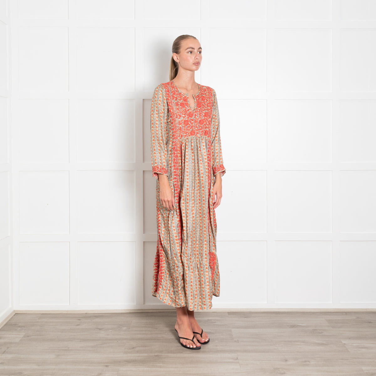 Muzungu Sisters Orange Blue Floral Silk Embroidery Detail Sleeved Maxi Dress