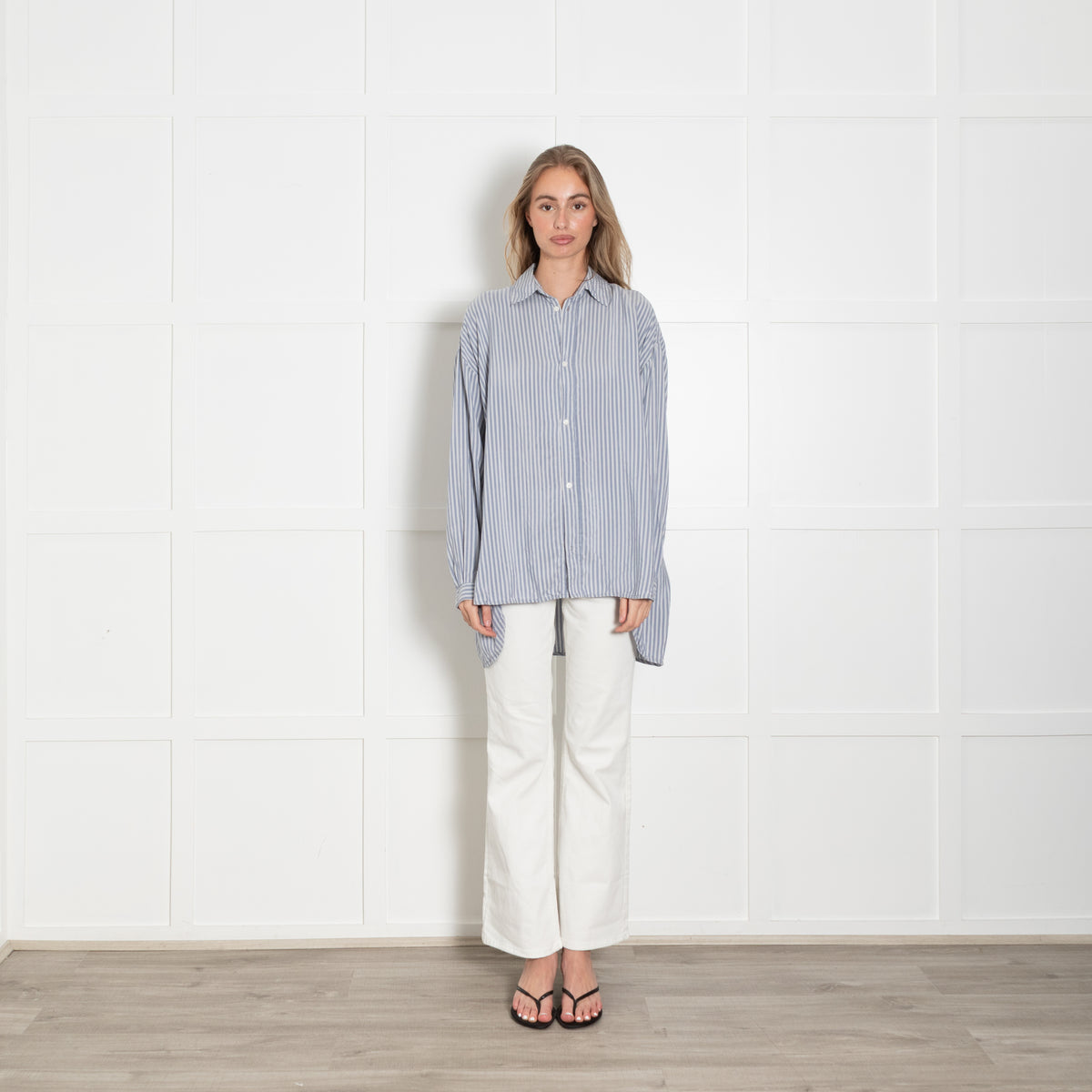 Raey Blue Pinstripe Silk Oversized Shirt