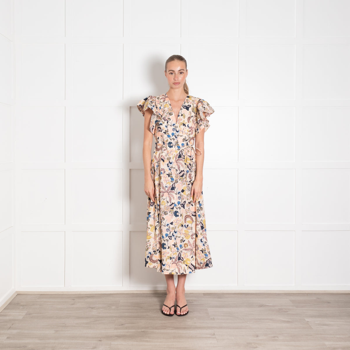 Ulla Johnson Peach Pink Blue Botanical Print Ruffle Cap Sleeve Dress