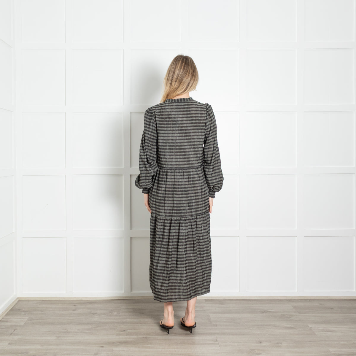 Levate Room Grey Black Striped Tiered Long Dress With Slip