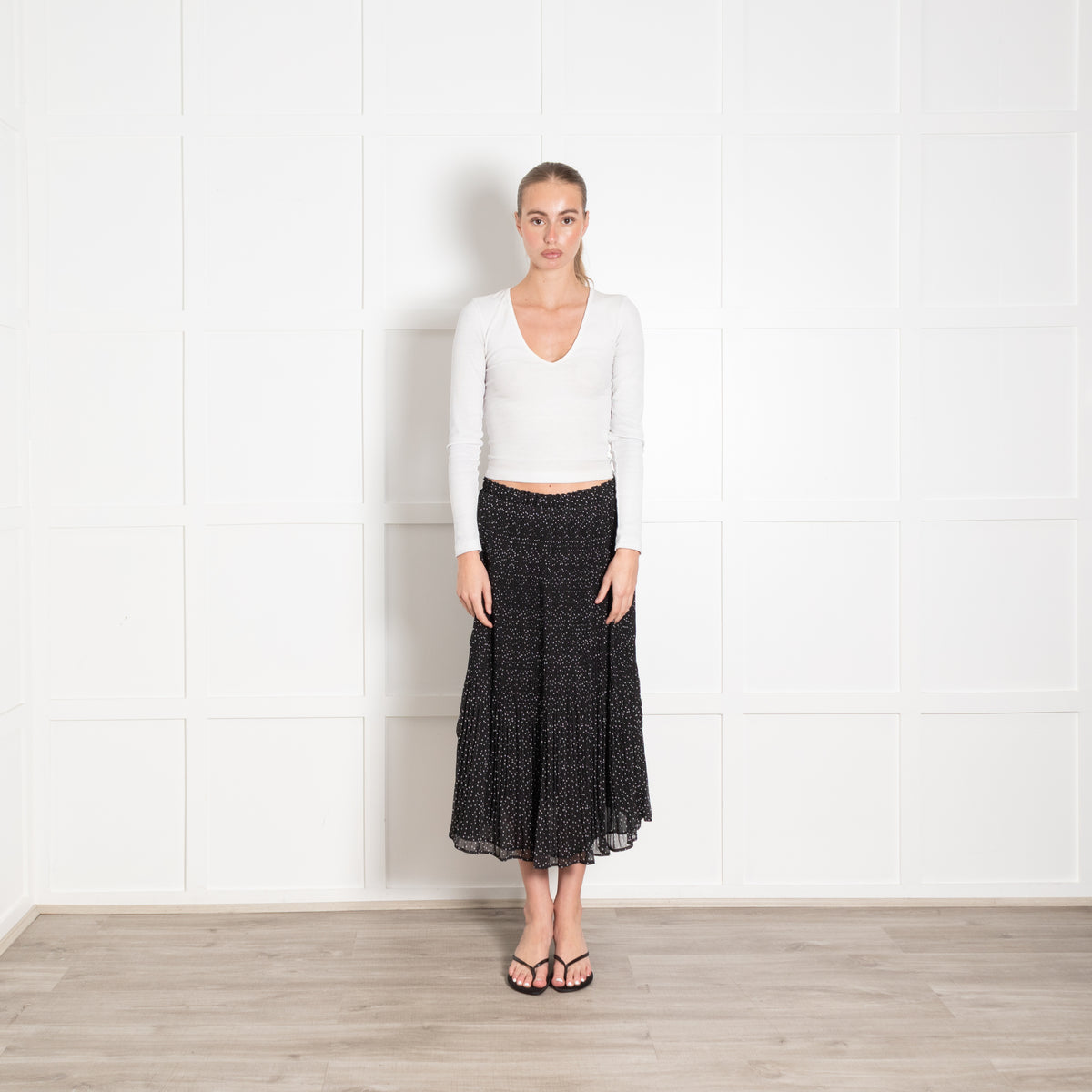 Wyse Black White Polka Dot Pleated Midi Skirt