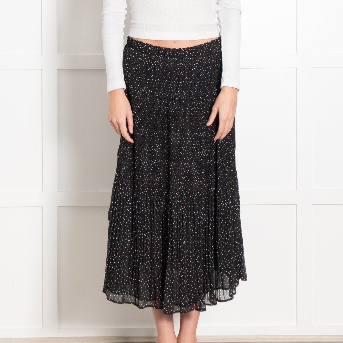 Wyse Black White Polka Dot Pleated Midi Skirt