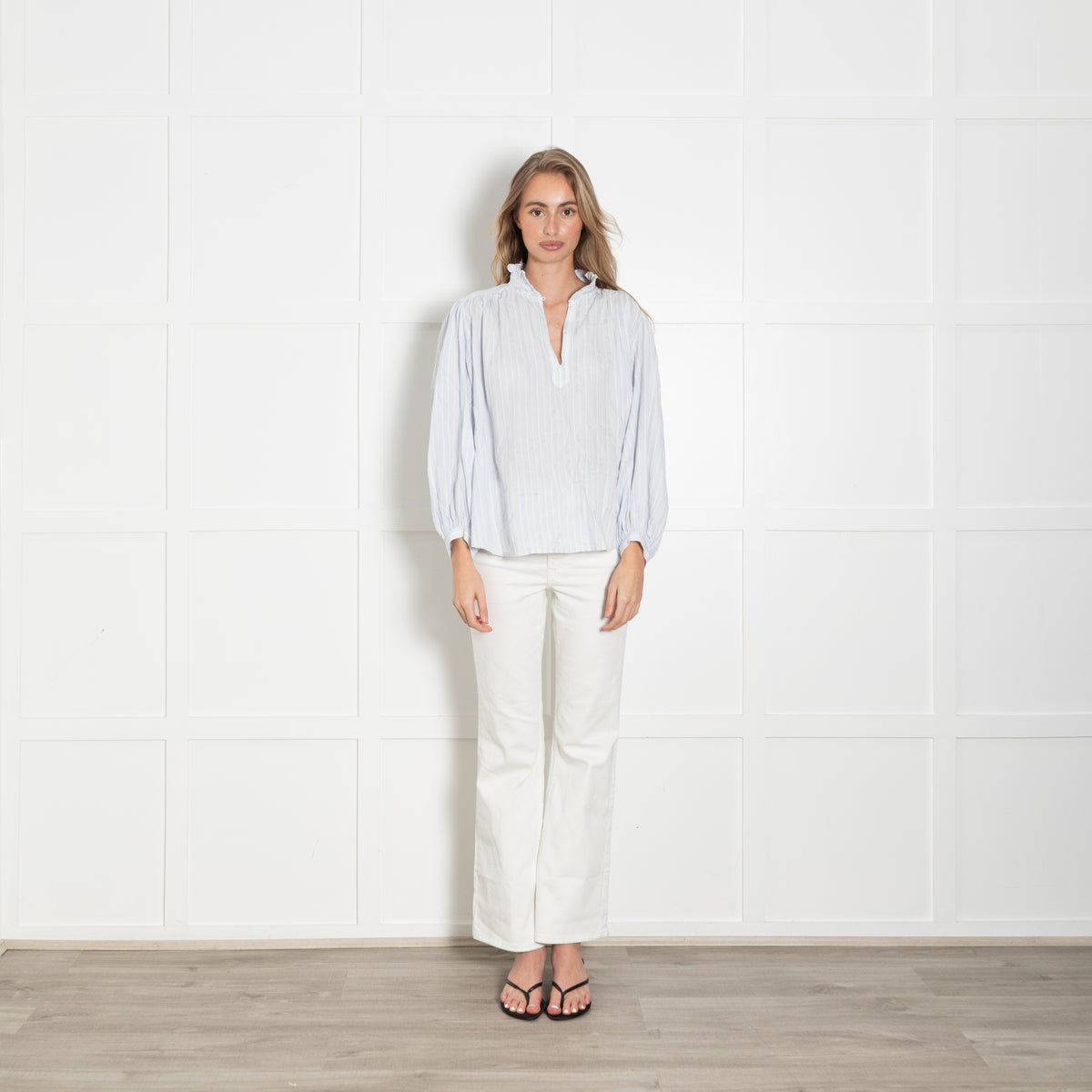 Ba&sh Pale Blue and White Stripe Frill Collar Shirt
