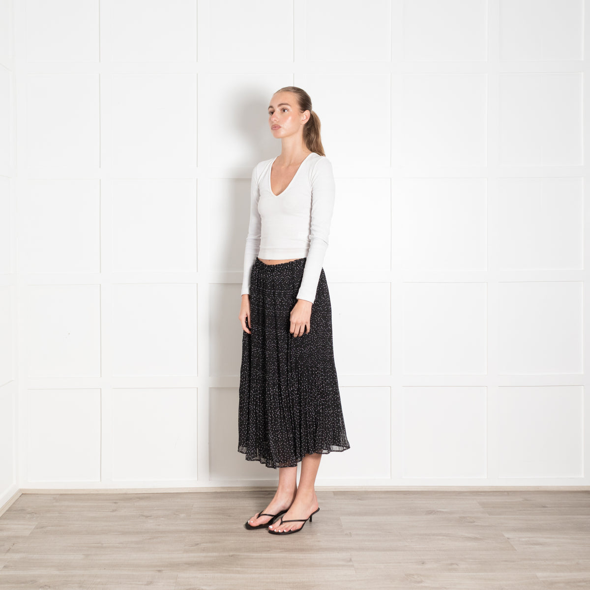 Wyse Black White Polka Dot Pleated Midi Skirt
