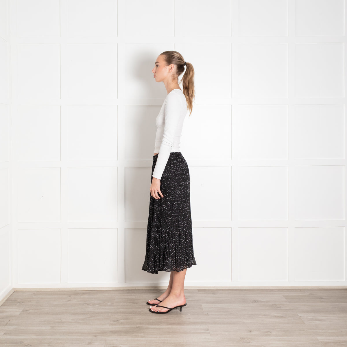 Wyse Black White Polka Dot Pleated Midi Skirt