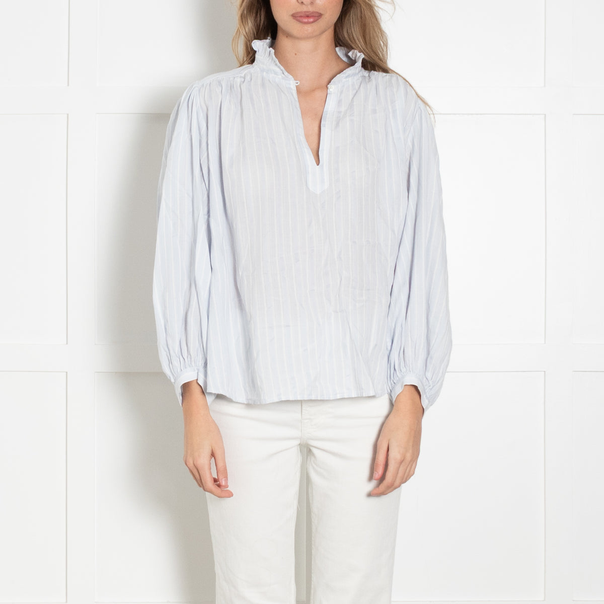 Ba&sh Pale Blue and White Stripe Frill Collar Shirt