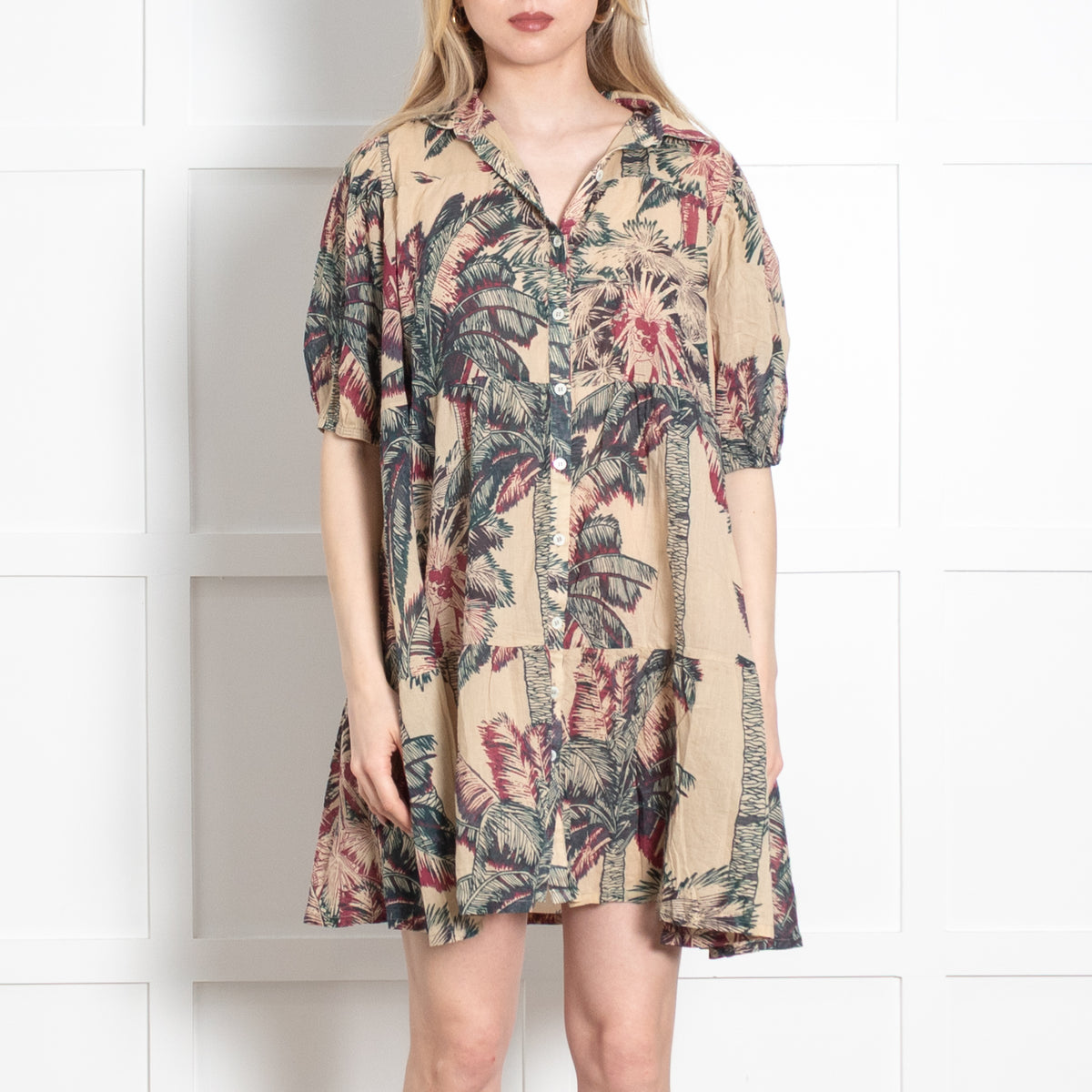 Emporio Sirenuse Beige Green Burgundy Cotton Oversized Short Dress