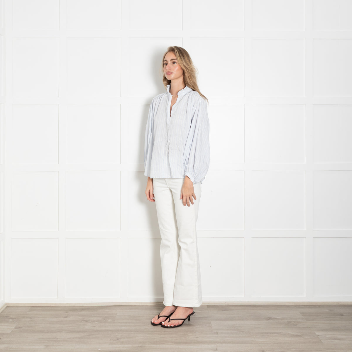 Ba&sh Pale Blue and White Stripe Frill Collar Shirt