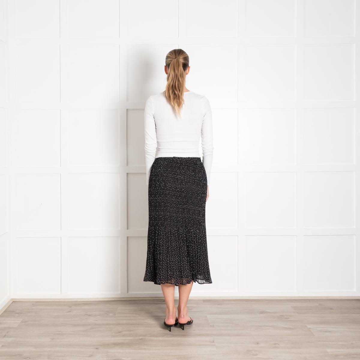 Wyse Black White Polka Dot Pleated Midi Skirt