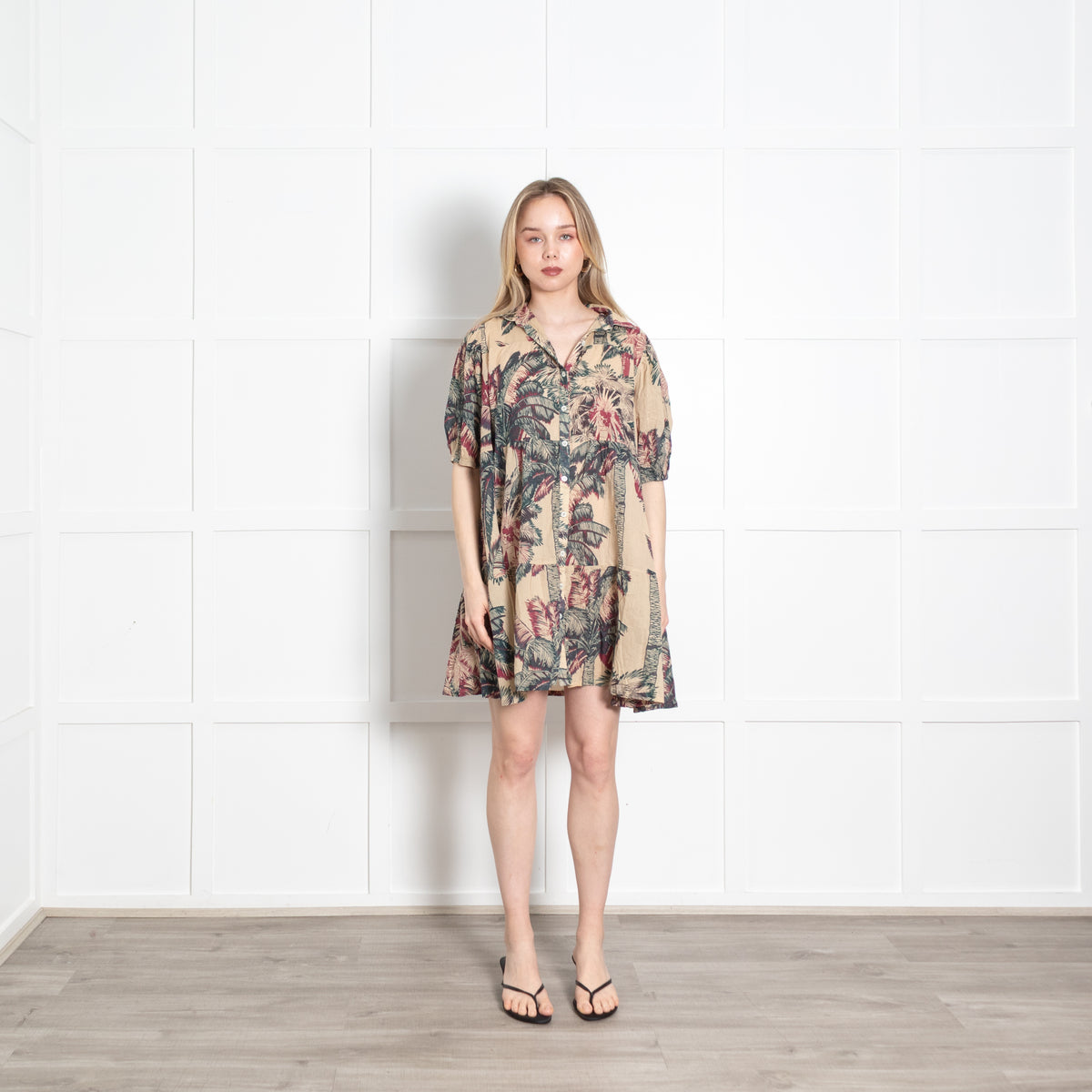 Emporio Sirenuse Beige Green Burgundy Cotton Oversized Short Dress