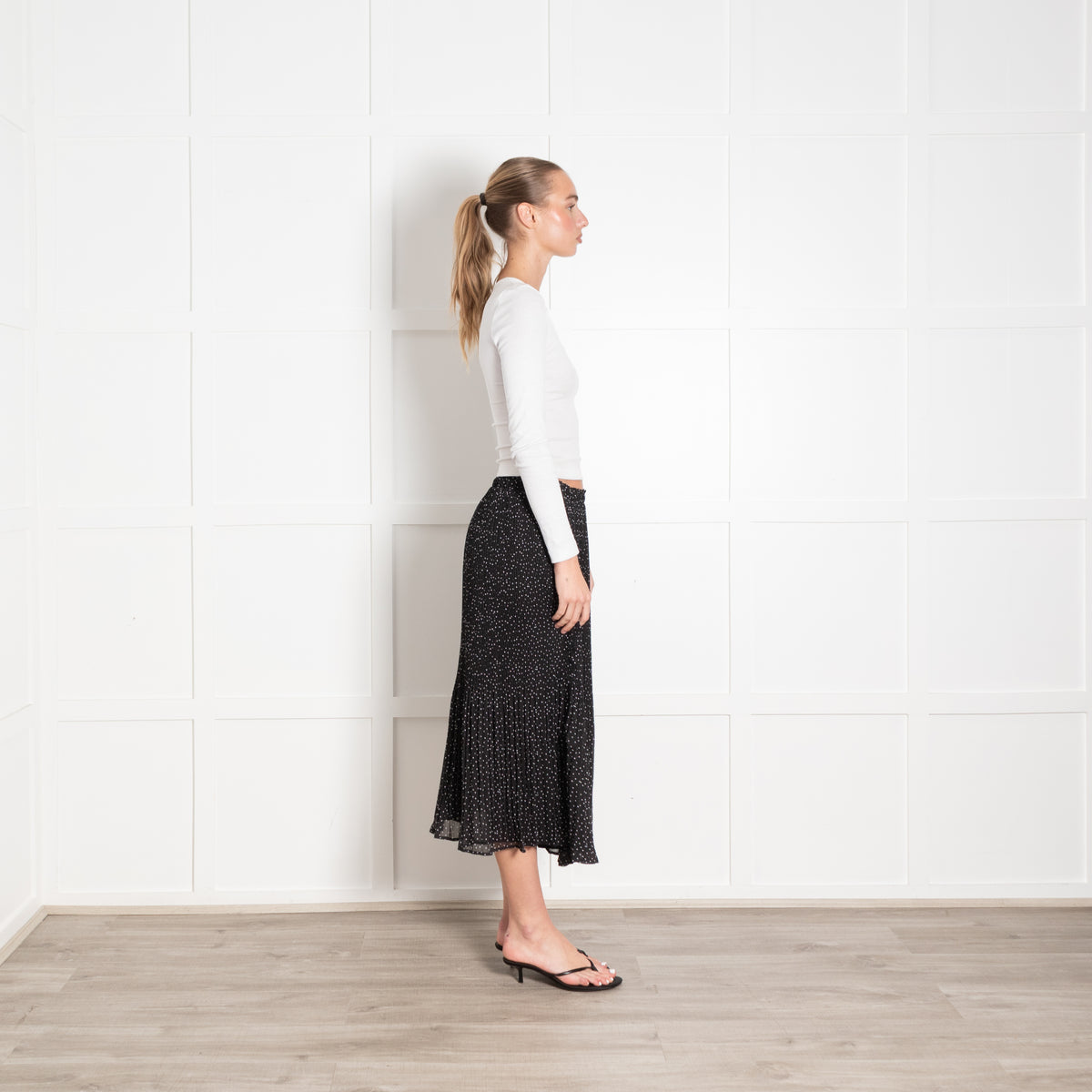 Wyse Black White Polka Dot Pleated Midi Skirt