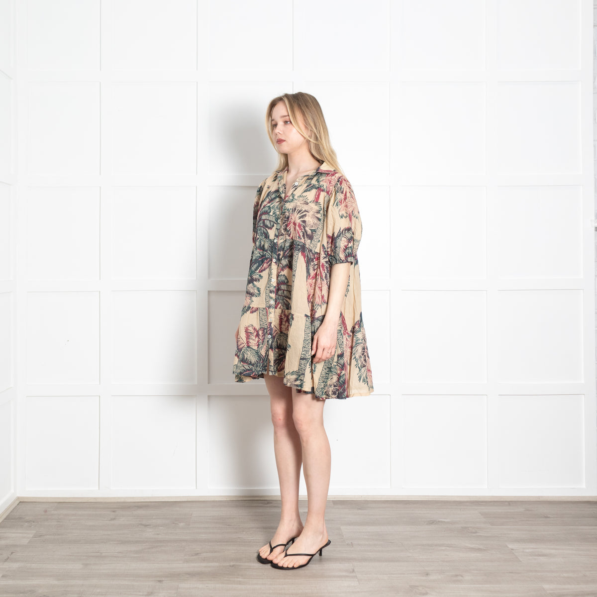 Emporio Sirenuse Beige Green Burgundy Cotton Oversized Short Dress