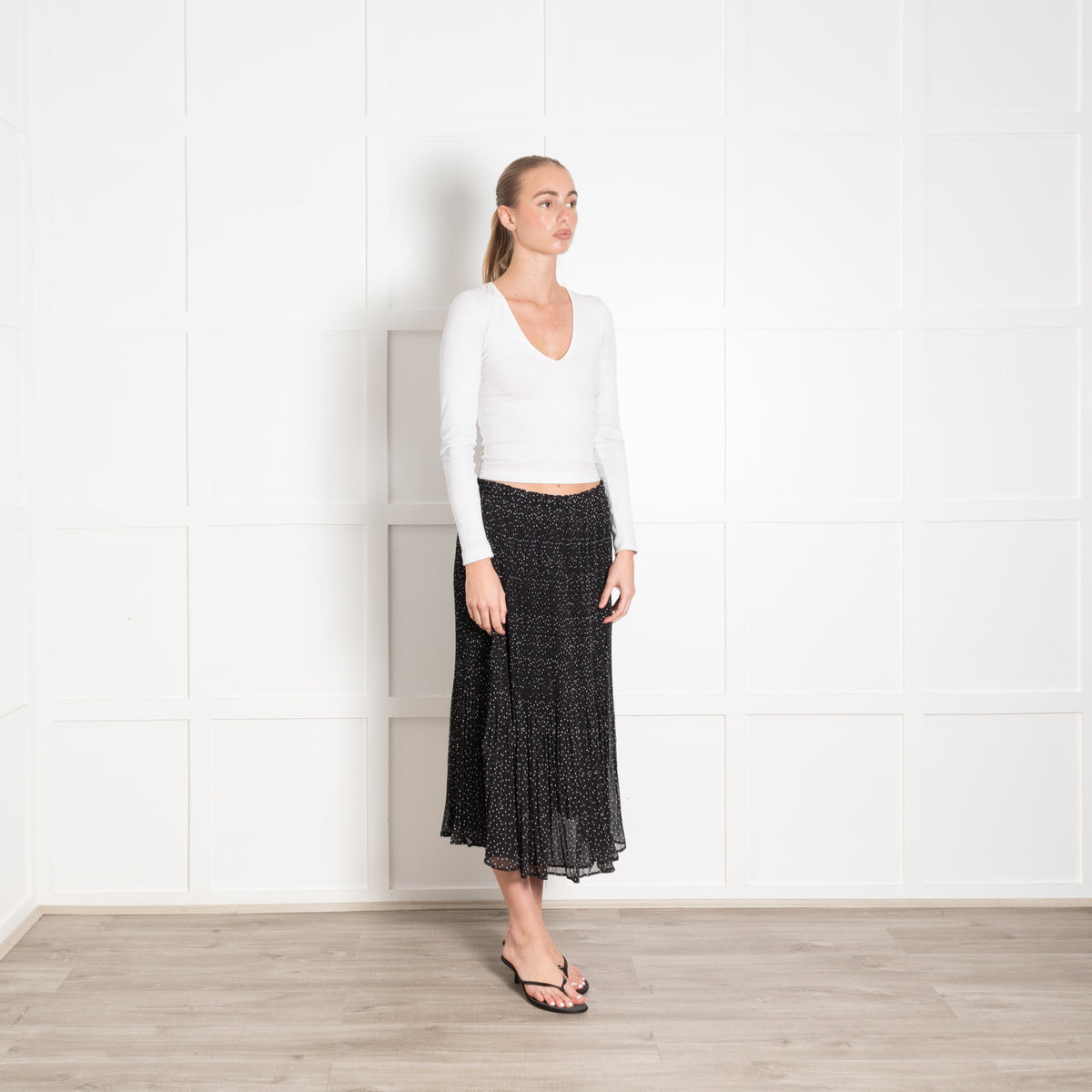 Wyse Black White Polka Dot Pleated Midi Skirt