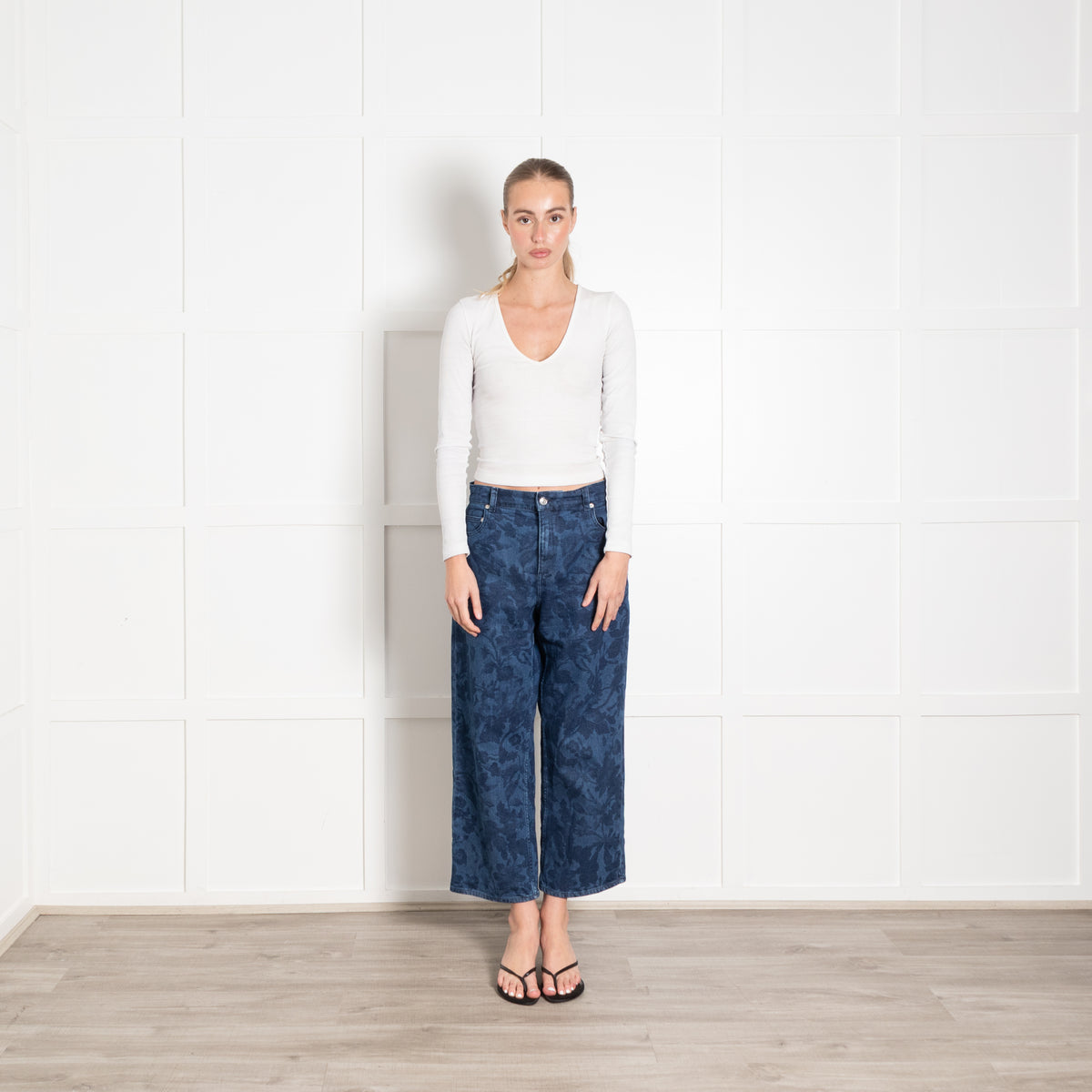 Erdem Blue Denim Floral Print Wide Leg Cropped Jeans