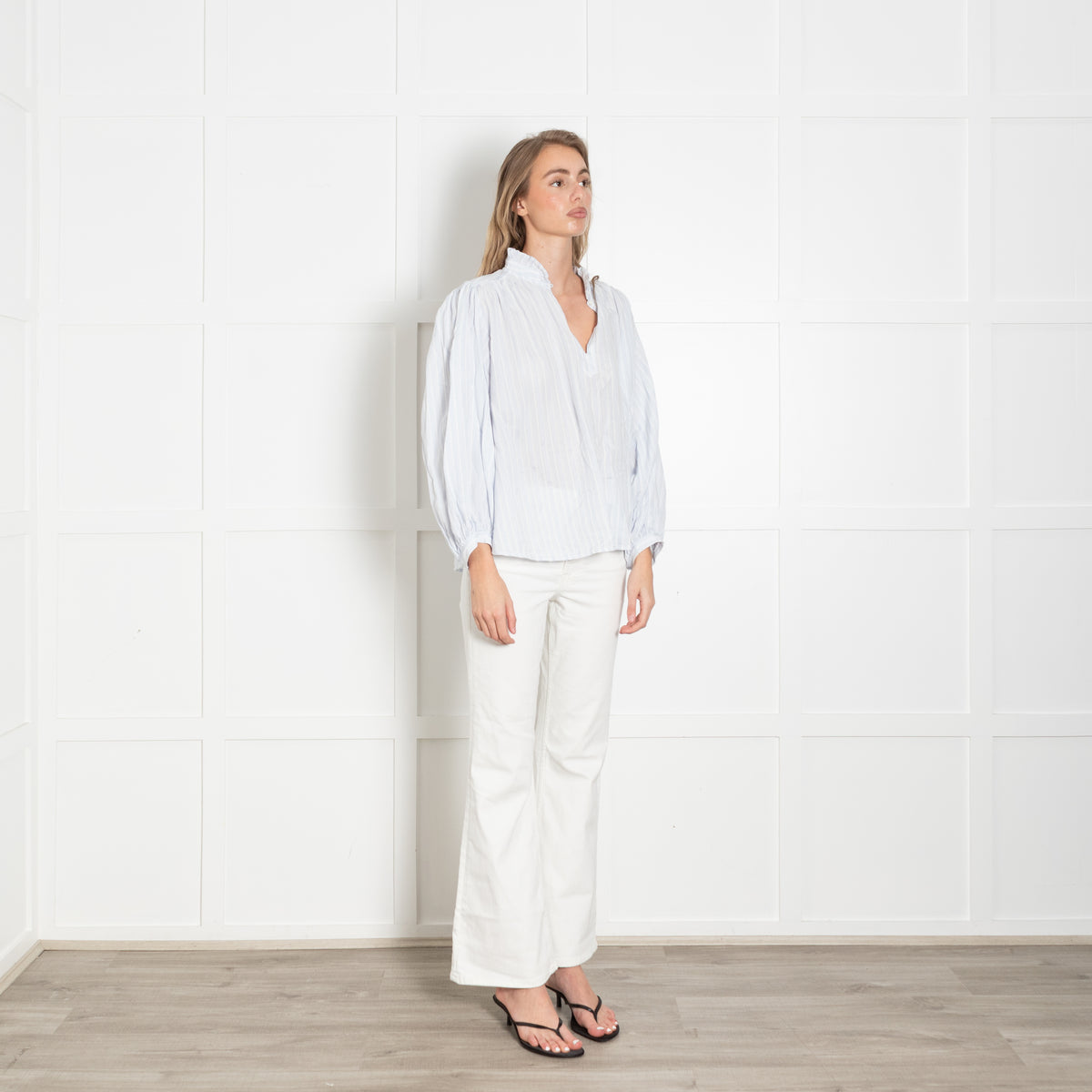 Ba&sh Pale Blue and White Stripe Frill Collar Shirt