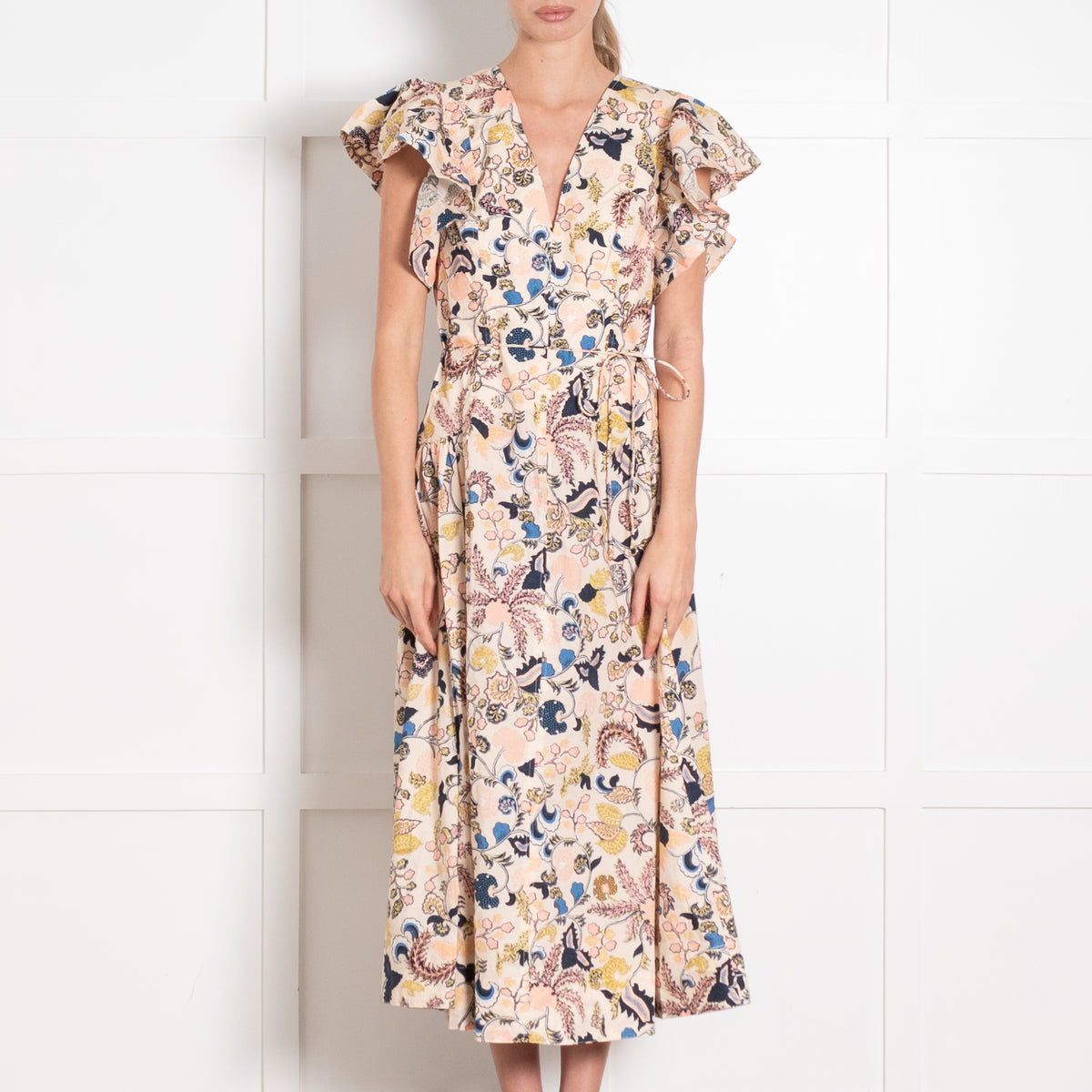 Ulla Johnson Peach Pink Blue Botanical Print Ruffle Cap Sleeve Dress