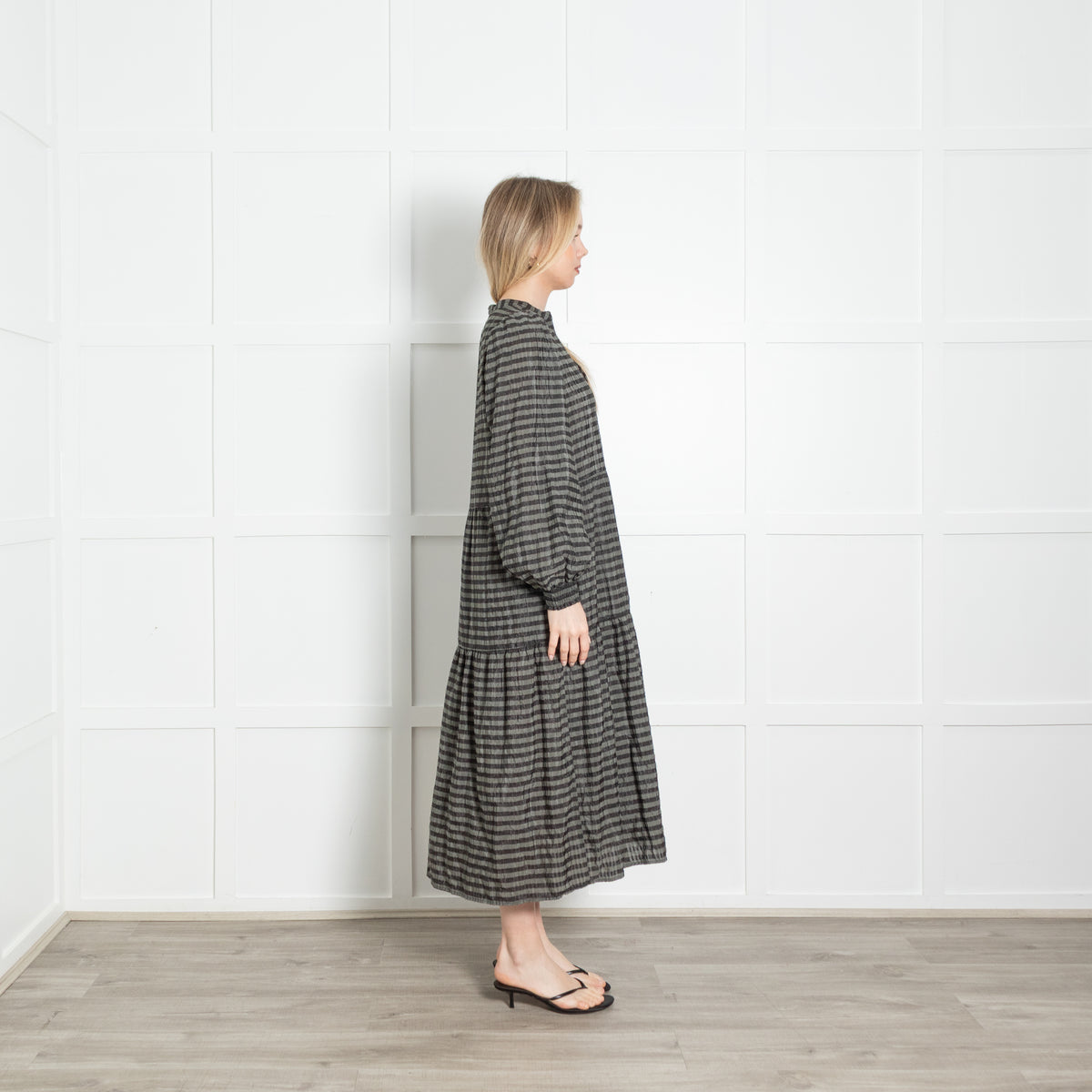 Levate Room Grey Black Striped Tiered Long Dress With Slip