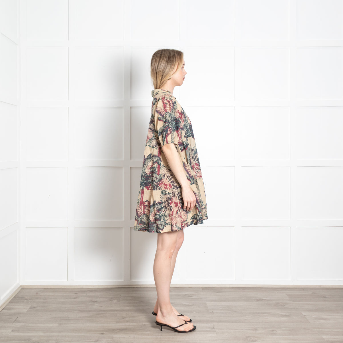 Emporio Sirenuse Beige Green Burgundy Cotton Oversized Short Dress