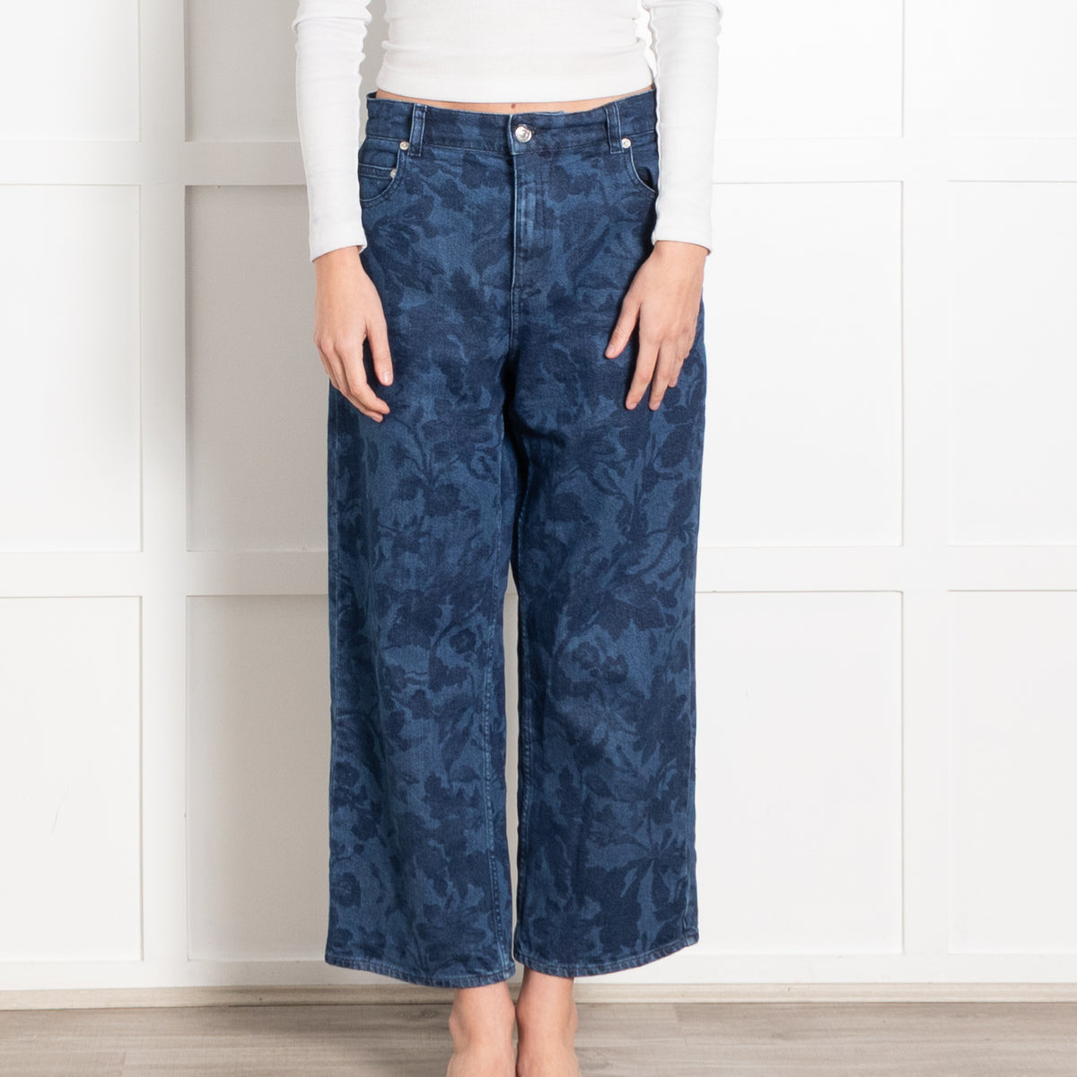 Erdem Blue Denim Floral Print Wide Leg Cropped Jeans