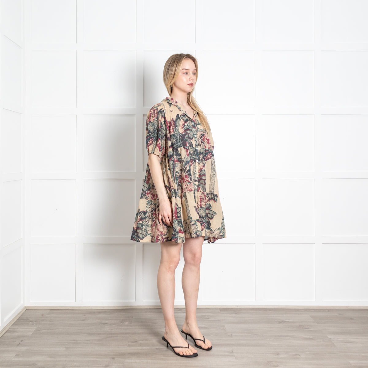 Emporio Sirenuse Beige Green Burgundy Cotton Oversized Short Dress