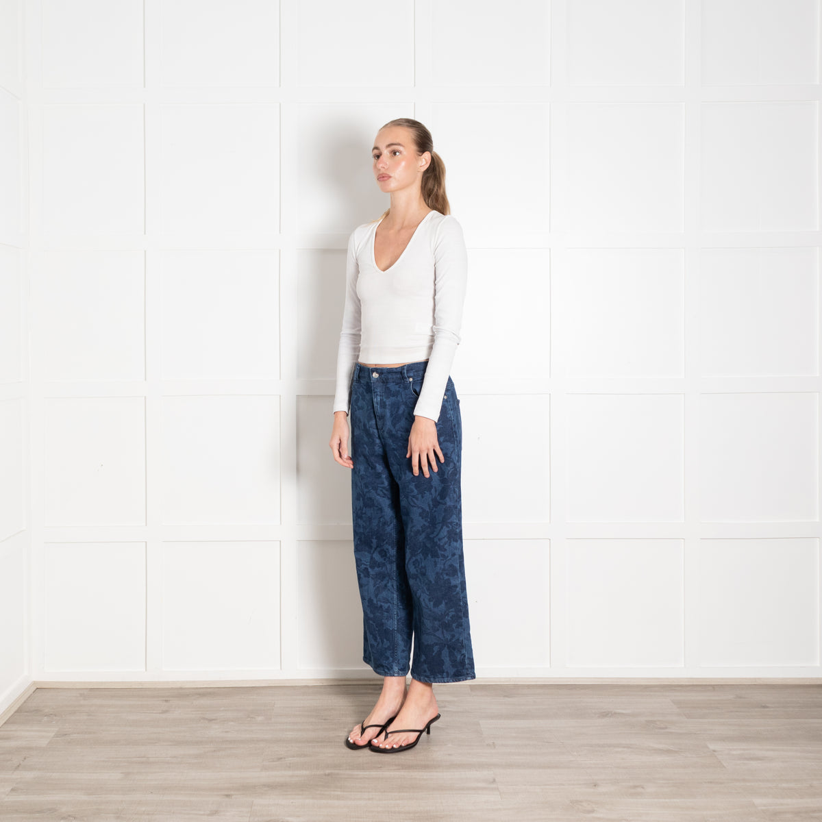 Erdem Blue Denim Floral Print Wide Leg Cropped Jeans