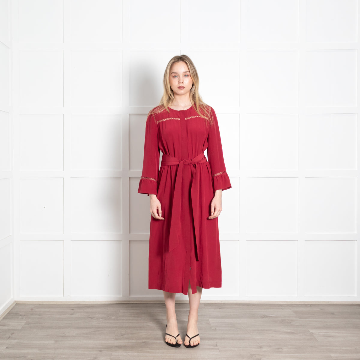 Vanessa Seward Ruby Red Button Front Silk Midi Dress