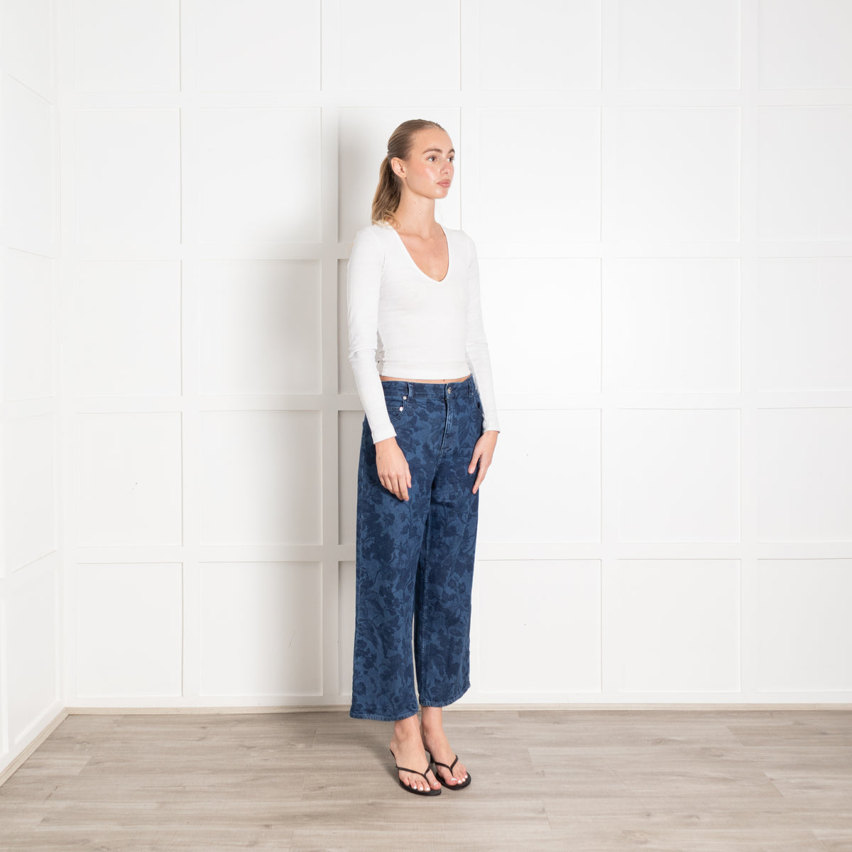 Erdem Blue Denim Floral Print Wide Leg Cropped Jeans