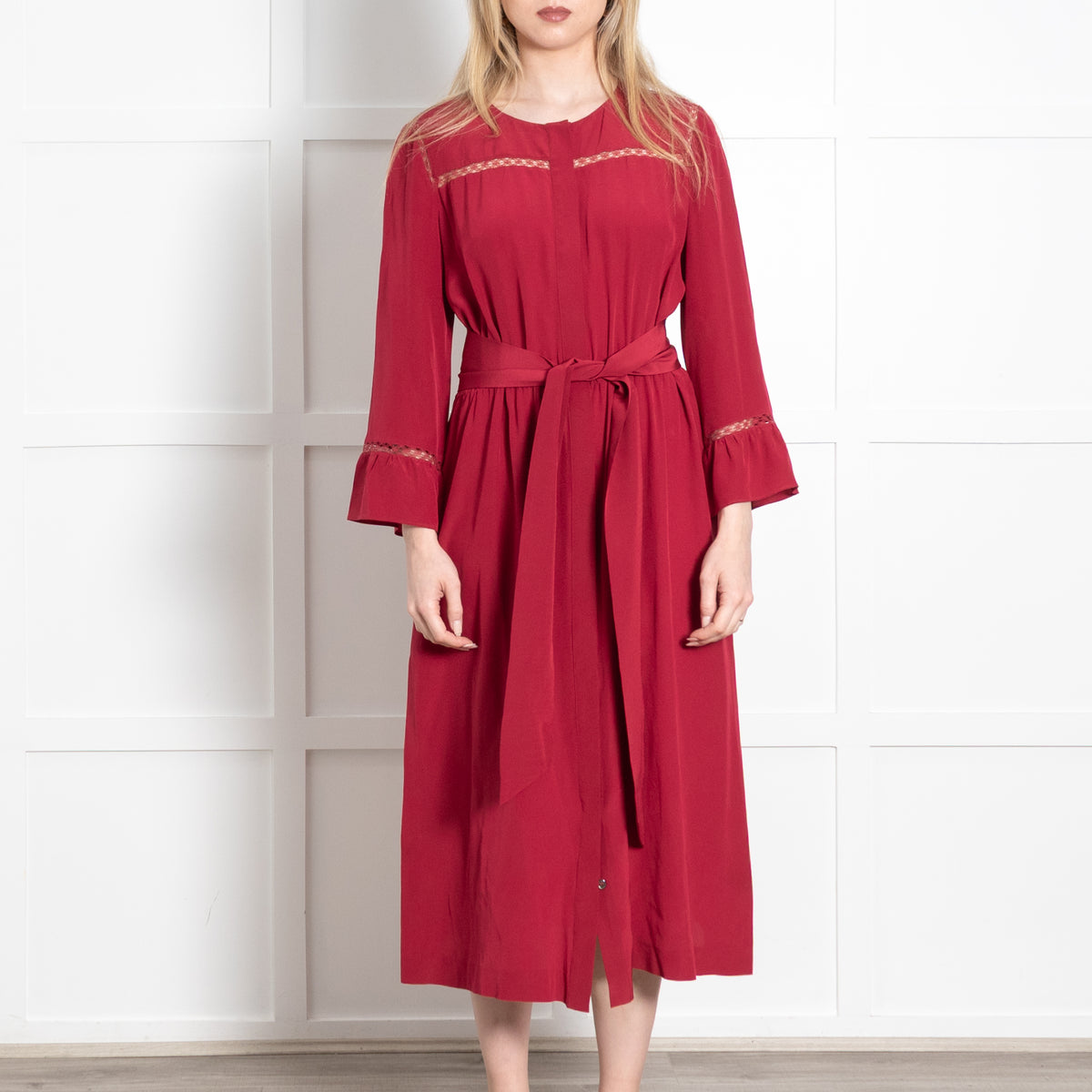 Vanessa Seward Ruby Red Button Front Silk Midi Dress