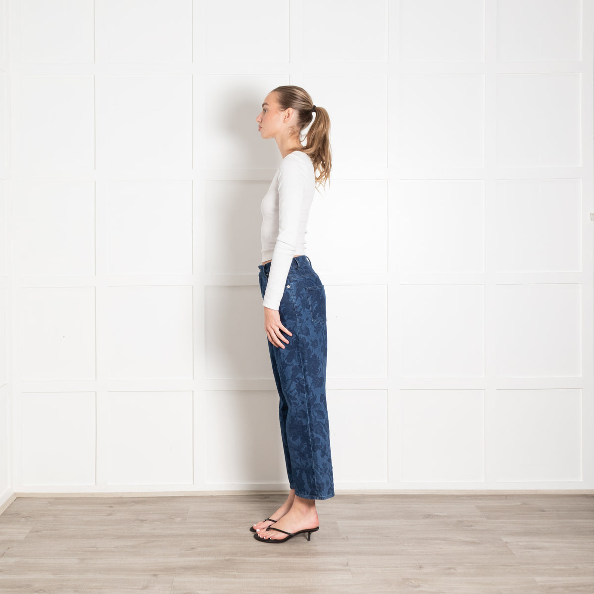 Erdem Blue Denim Floral Print Wide Leg Cropped Jeans
