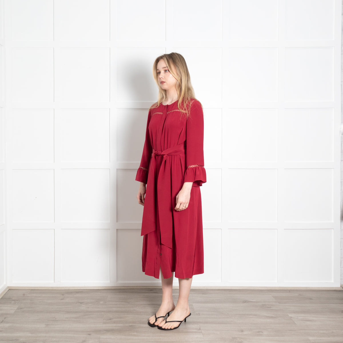 Vanessa Seward Ruby Red Button Front Silk Midi Dress