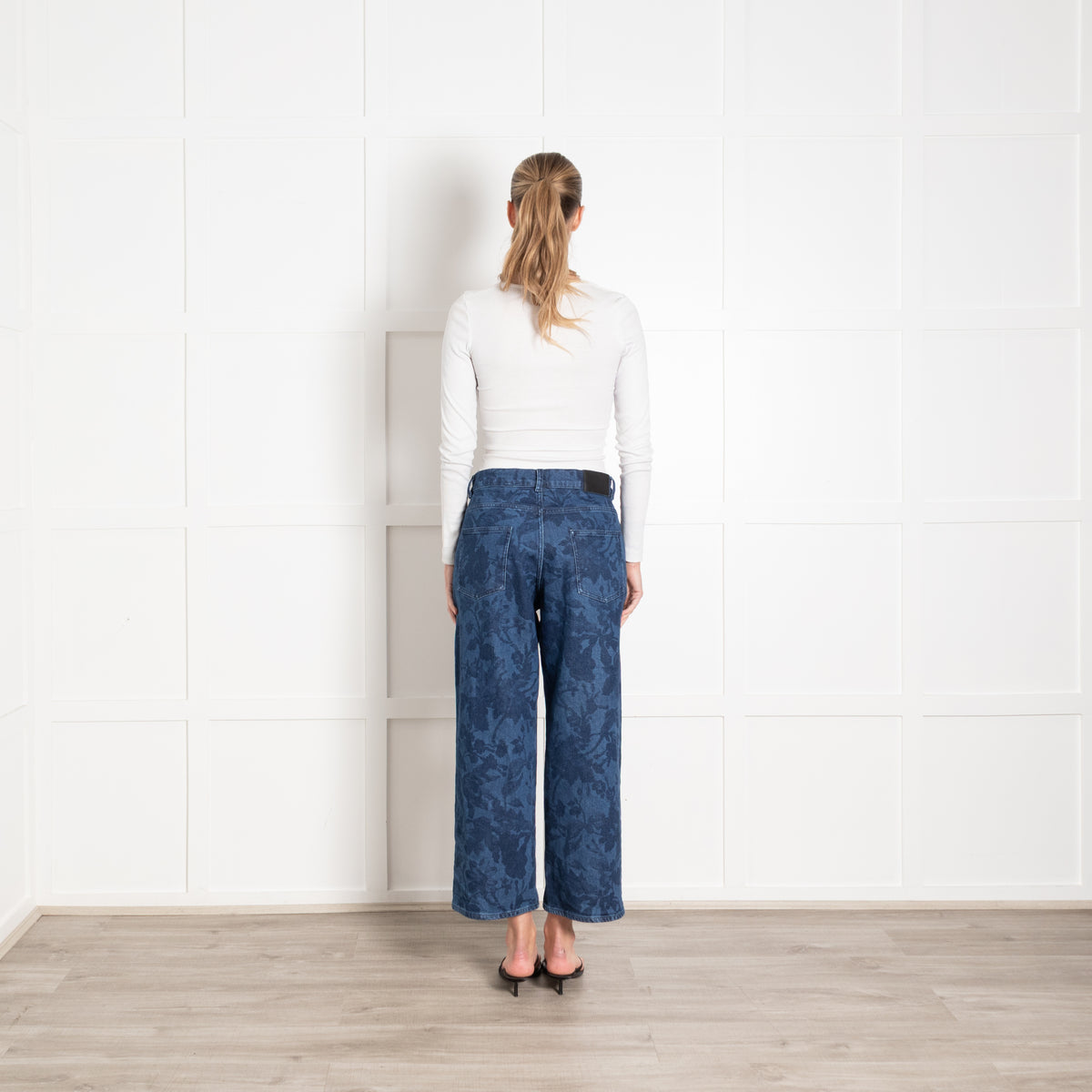 Erdem Blue Denim Floral Print Wide Leg Cropped Jeans