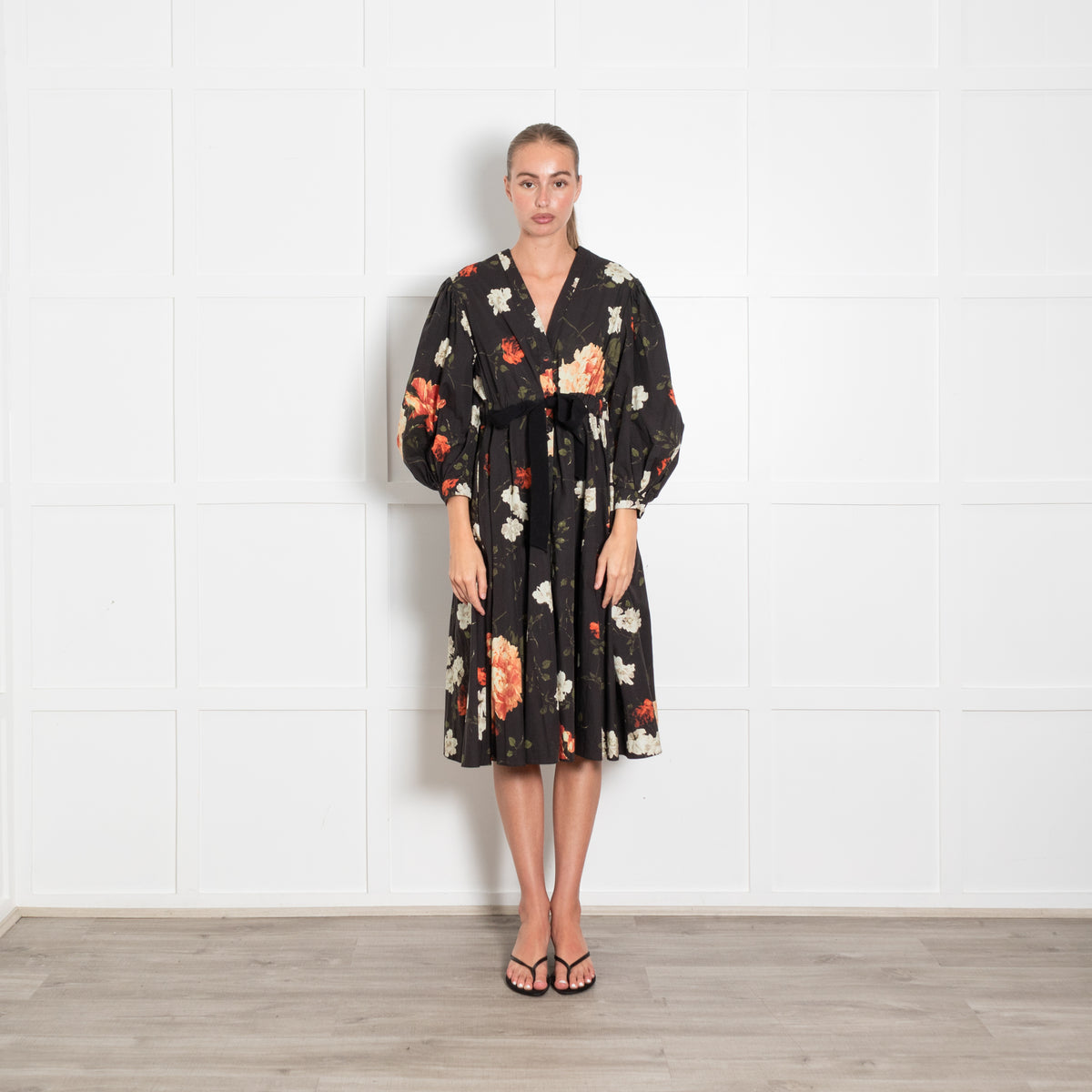 Erdem Black Orange Cream Cotton Rose Print Tie Waist Midi Dress